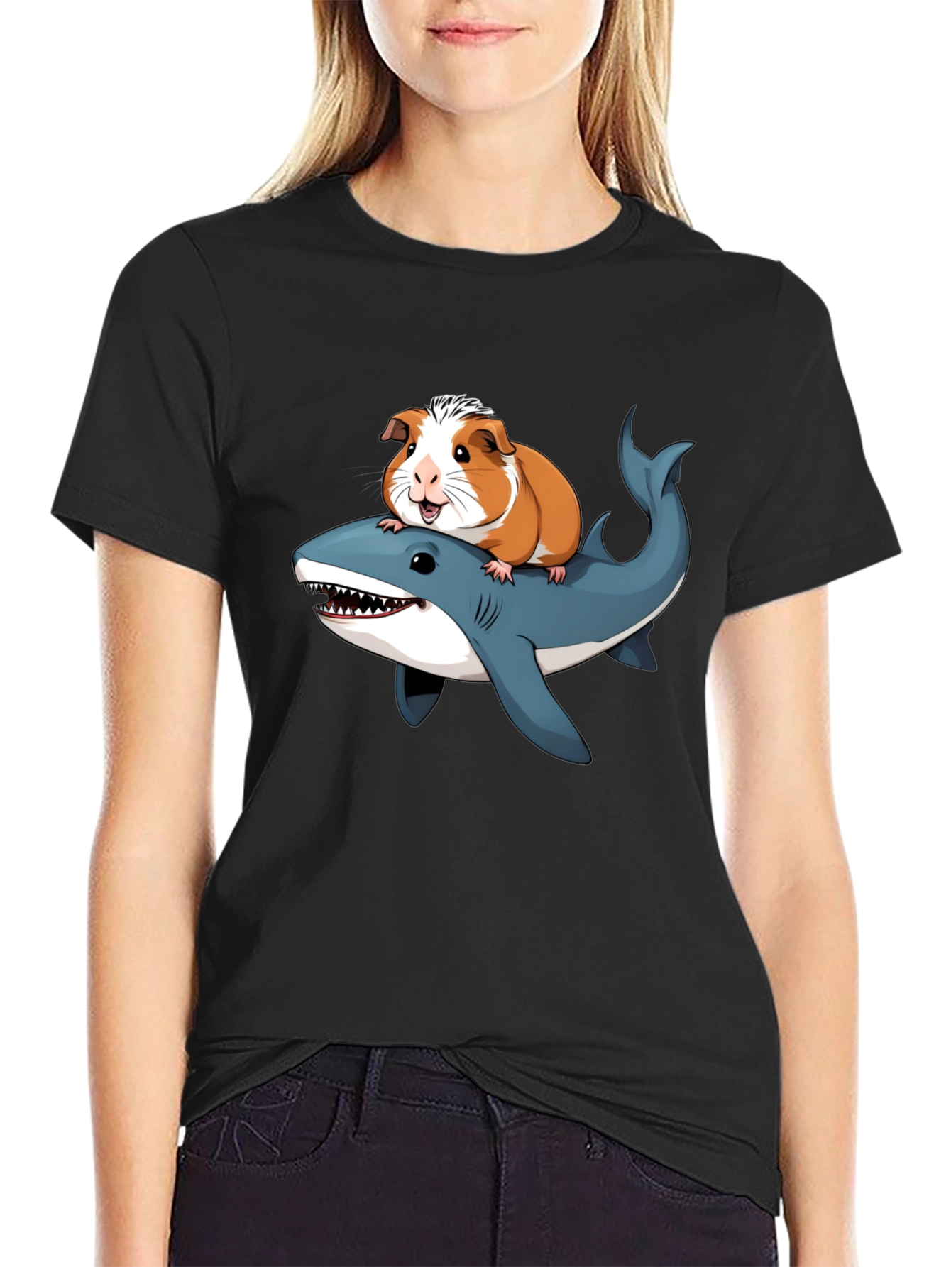 Guinea Pig Riding Shark Funny T-Shirt