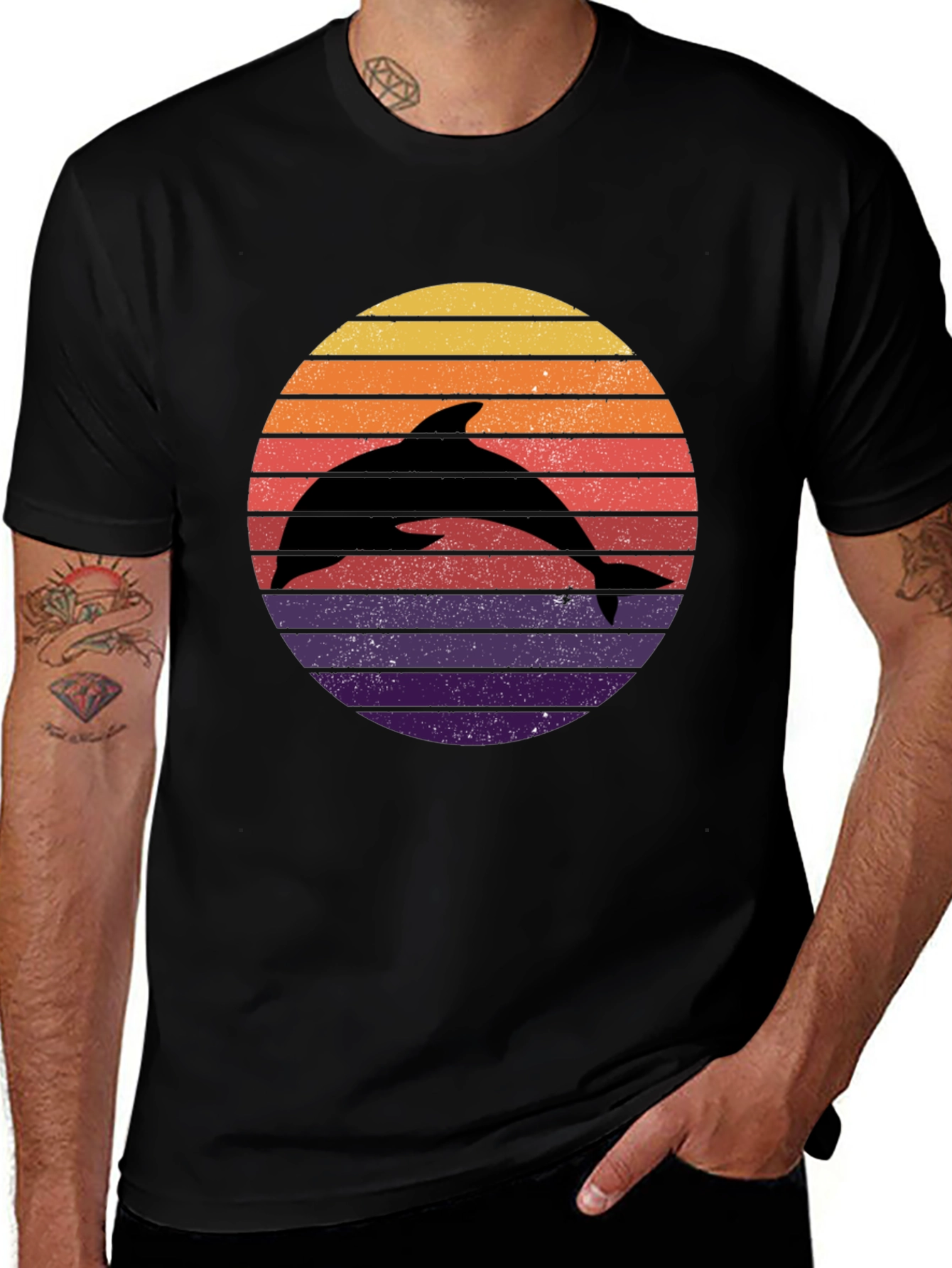 Dolphin Sunset Graphic Tee - Retro Style Black T-Shirt