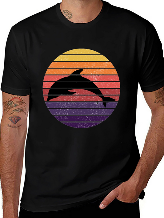 Dolphin Sunset Graphic Tee - Retro Style Black T-Shirt