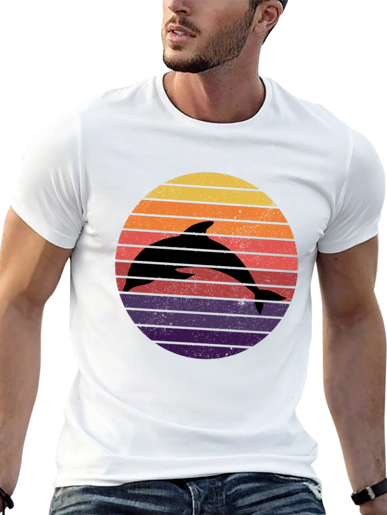 Dolphin Sunset Graphic Tee - Retro Style Black T-Shirt