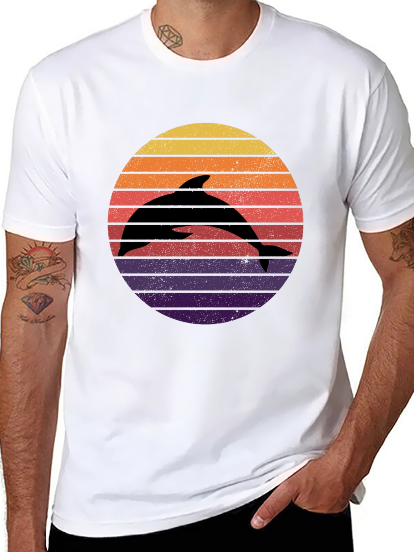 Dolphin Sunset Graphic Tee - Retro Style Black T-Shirt