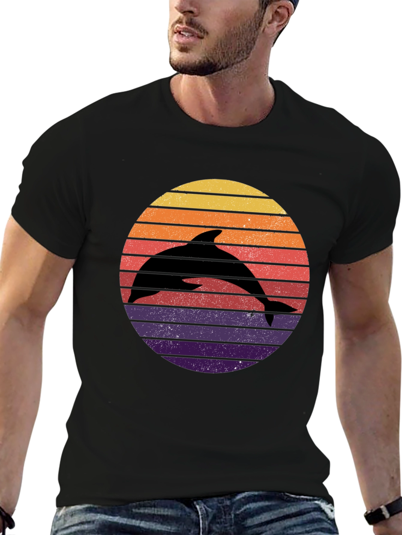 Dolphin Sunset Graphic Tee - Retro Style Black T-Shirt