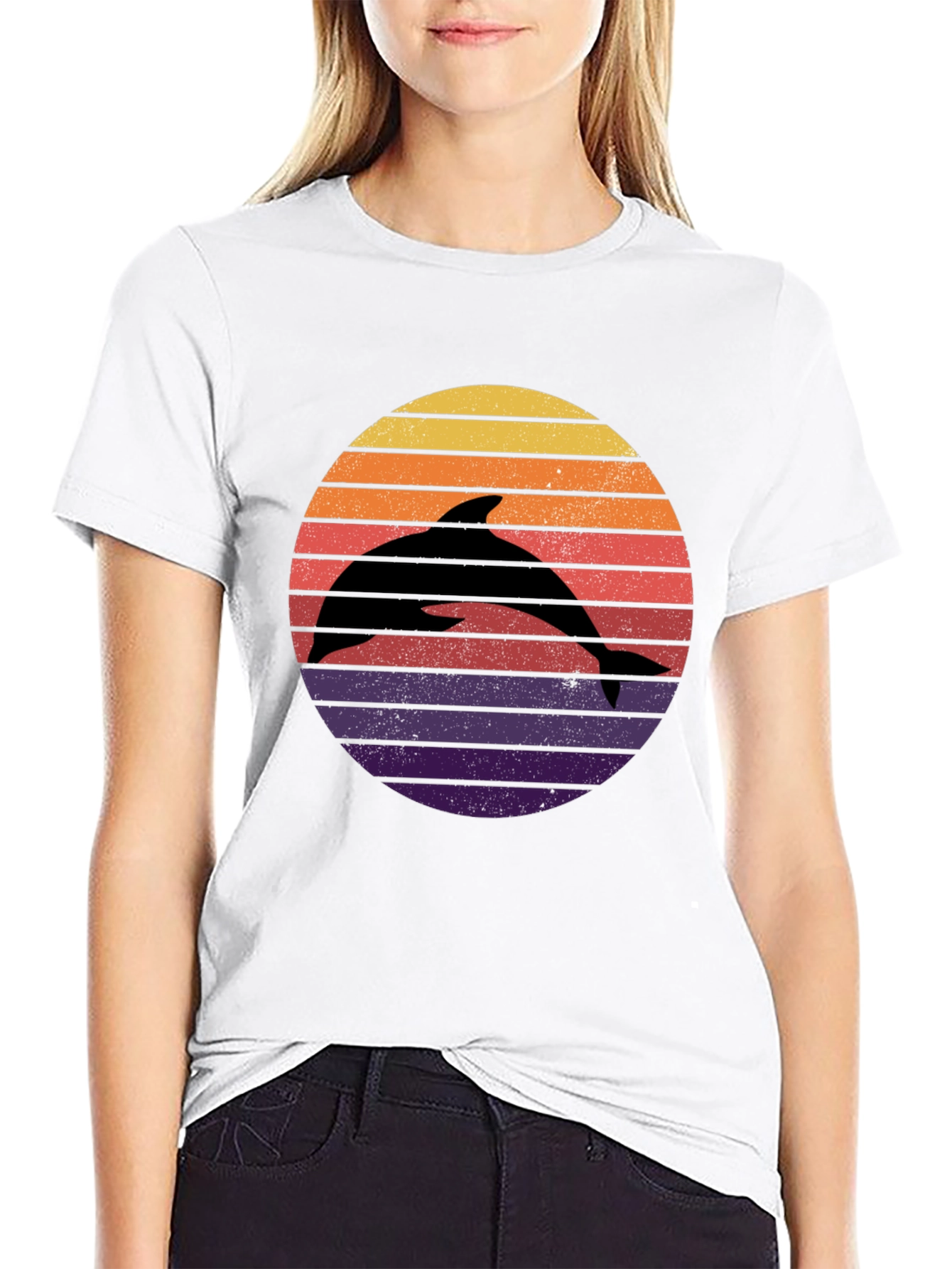 Dolphin Sunset Graphic Tee - Retro Style Black T-Shirt
