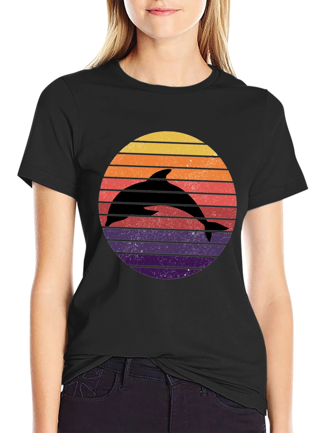 Dolphin Sunset Graphic Tee - Retro Style Black T-Shirt