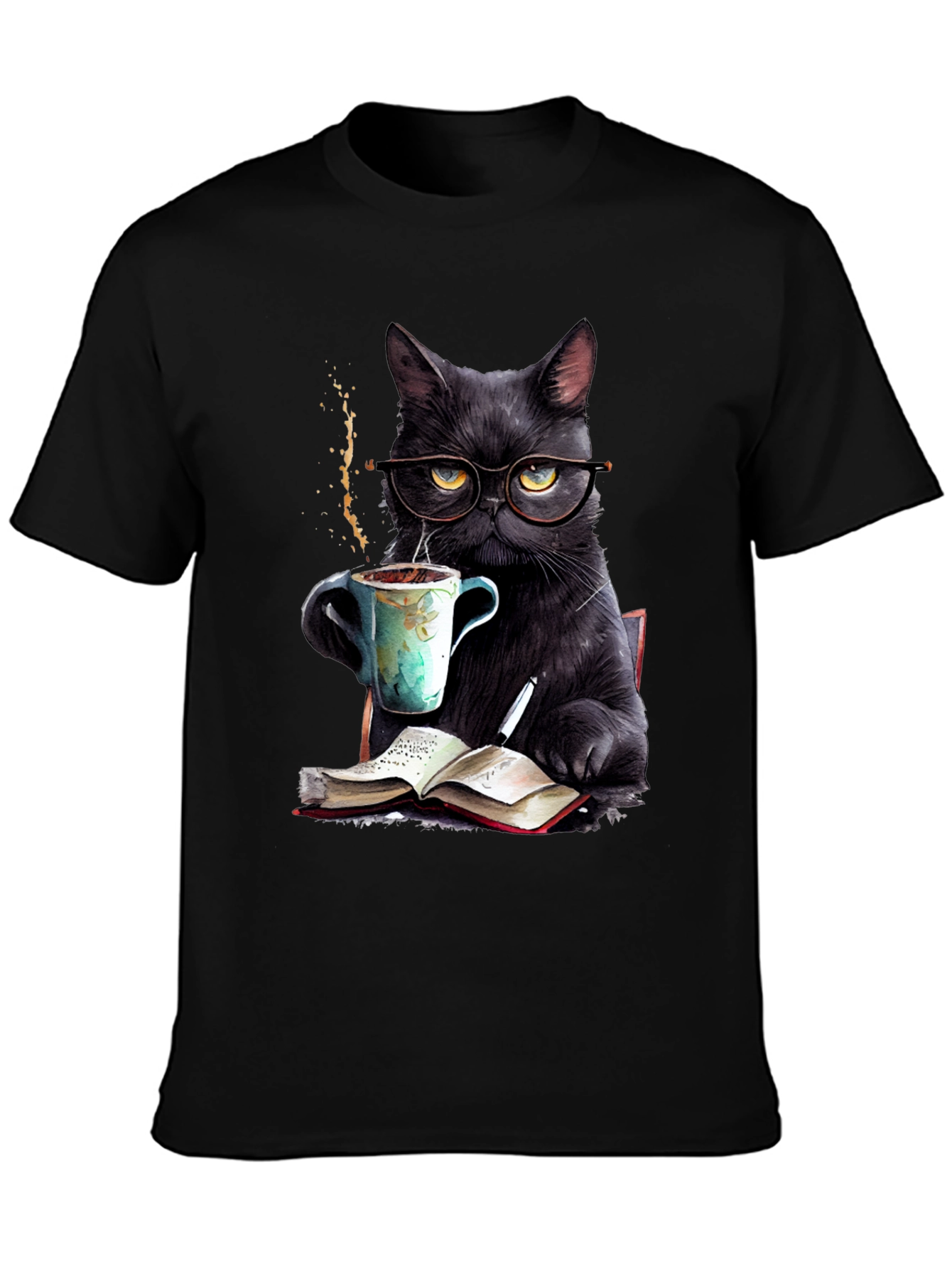 Black Cat Coffee Reader T-Shirt - Book Lover Tee