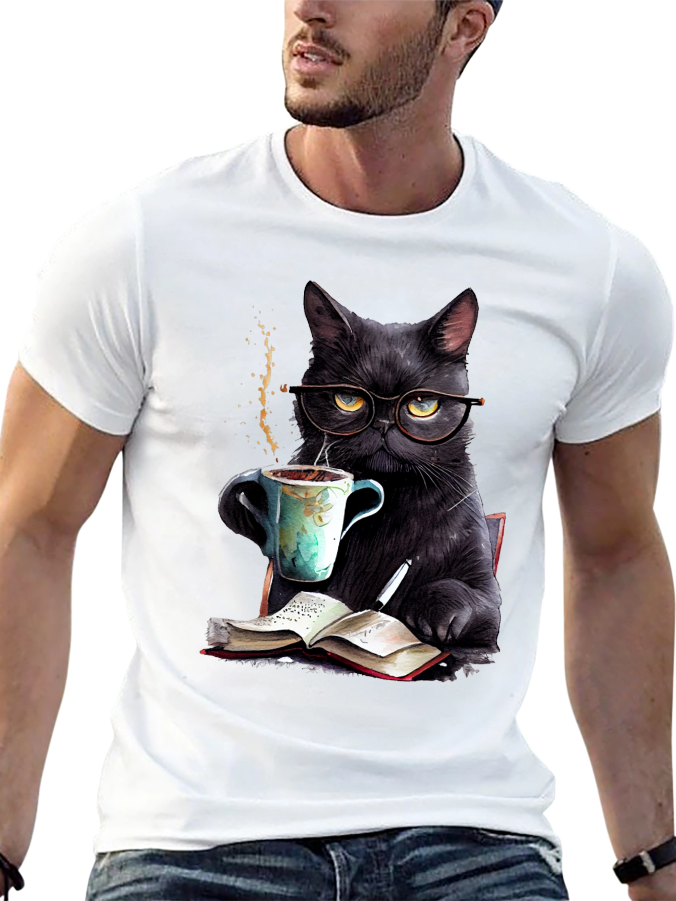 Black Cat Coffee Reader T-Shirt - Book Lover Tee