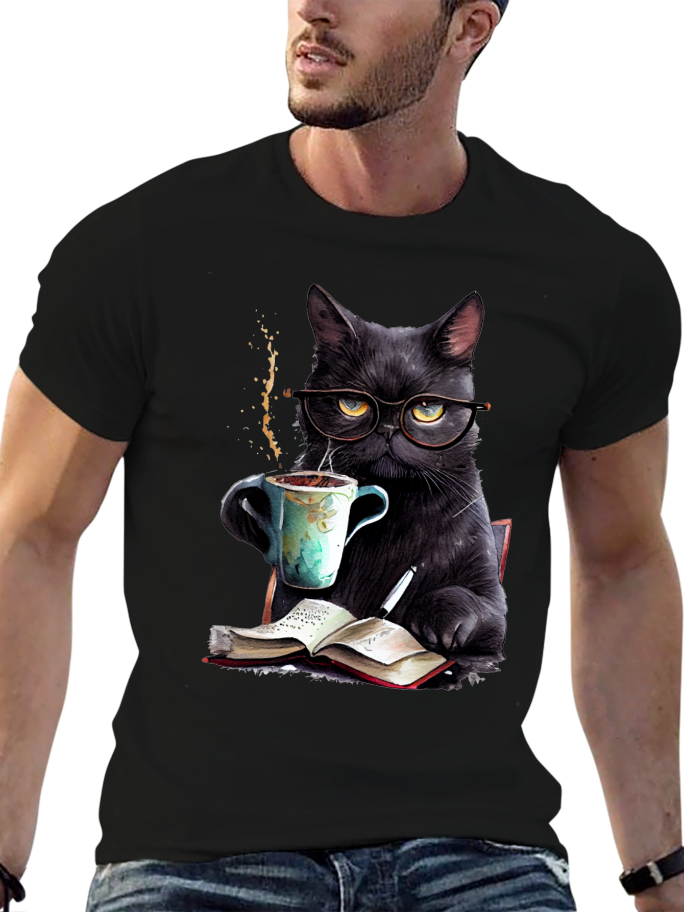 Black Cat Coffee Reader T-Shirt - Book Lover Tee