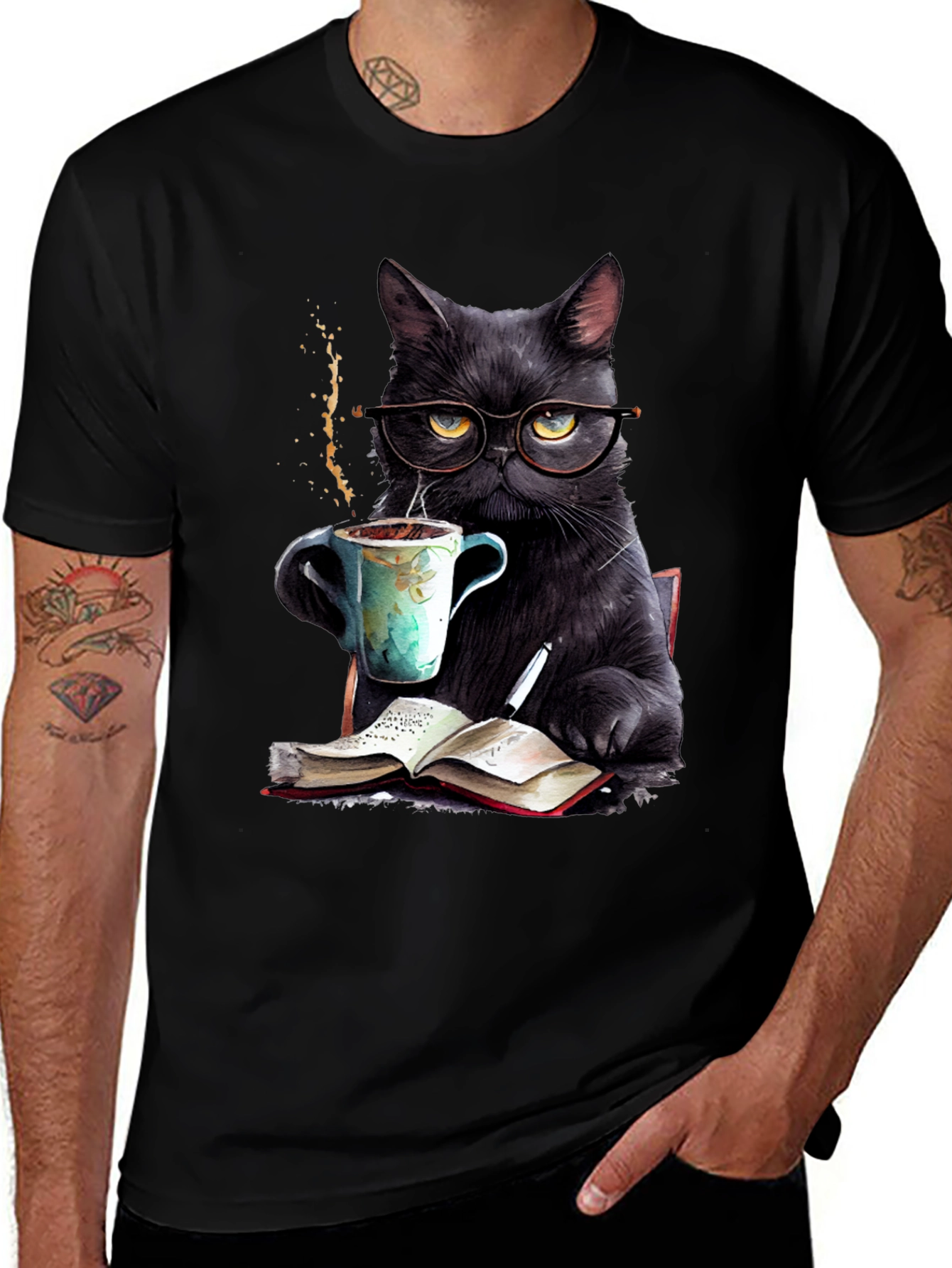 Black Cat Coffee Reader T-Shirt - Book Lover Tee