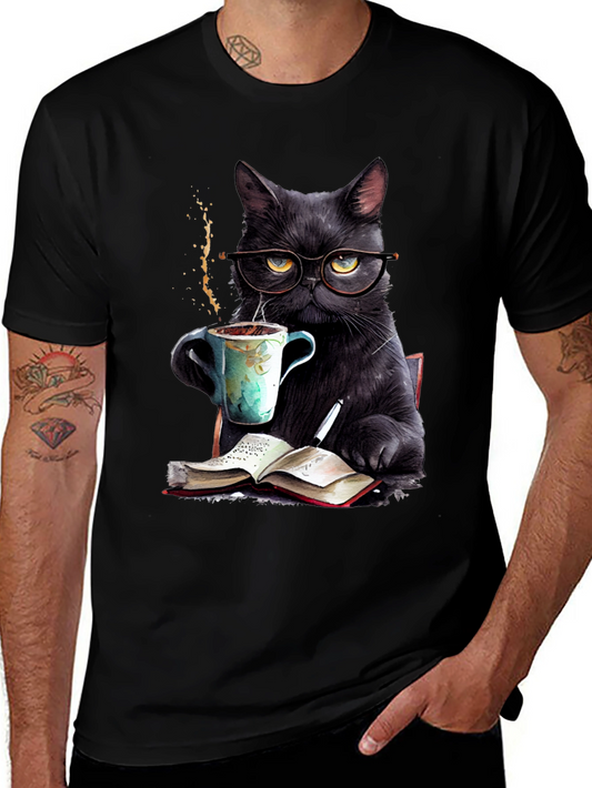 Black Cat Coffee Reader T-Shirt - Book Lover Tee