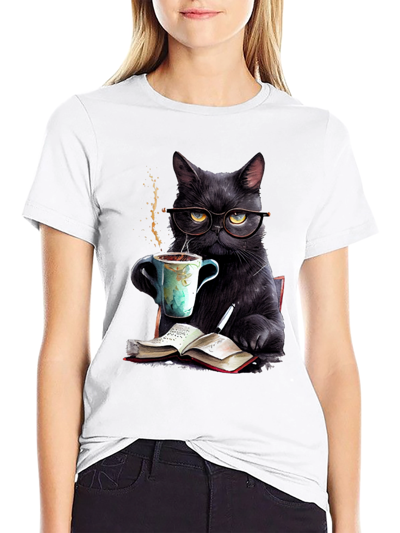 Black Cat Coffee Reader T-Shirt - Book Lover Tee