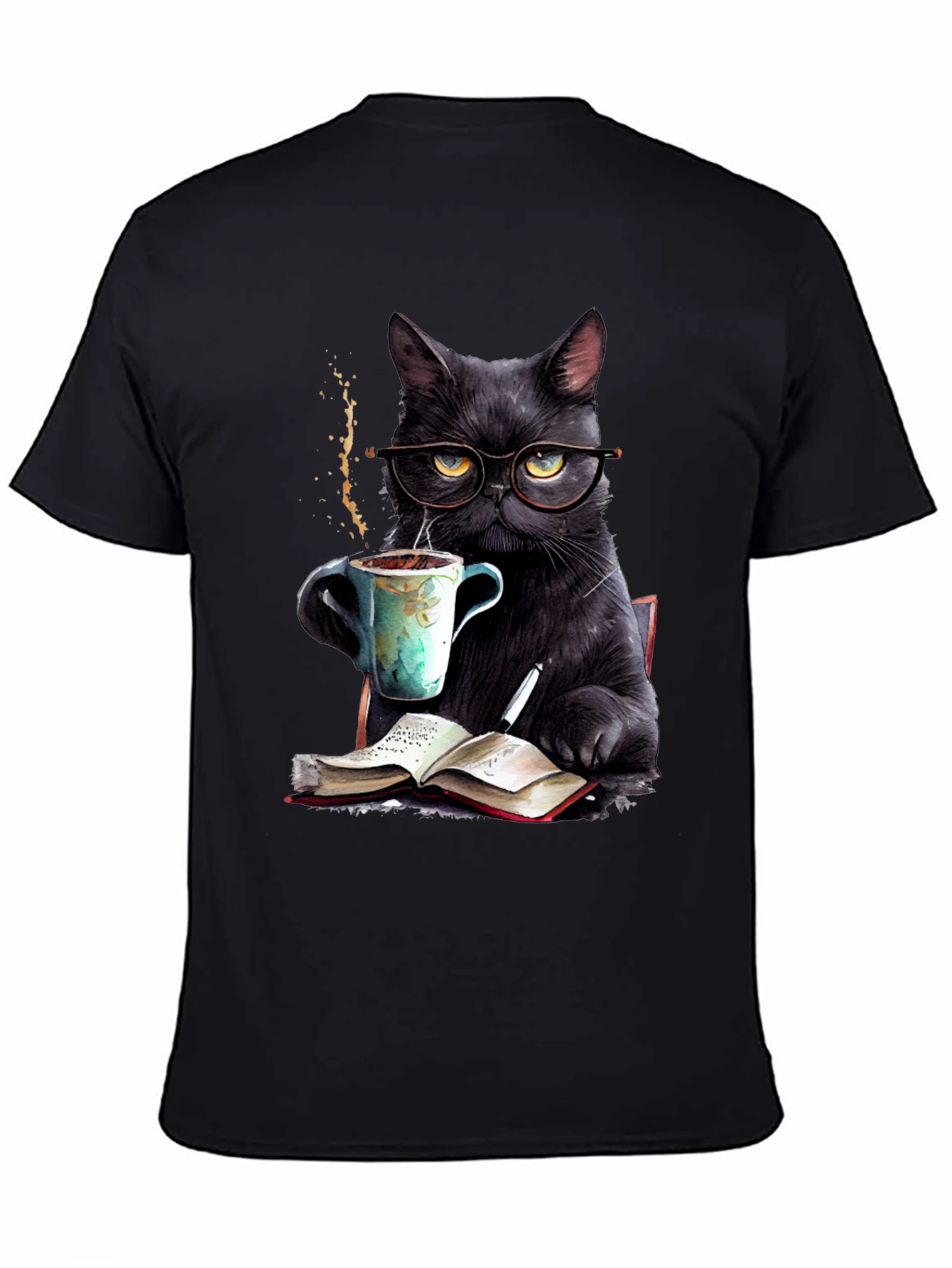 Black Cat Coffee Reader T-Shirt - Book Lover Tee