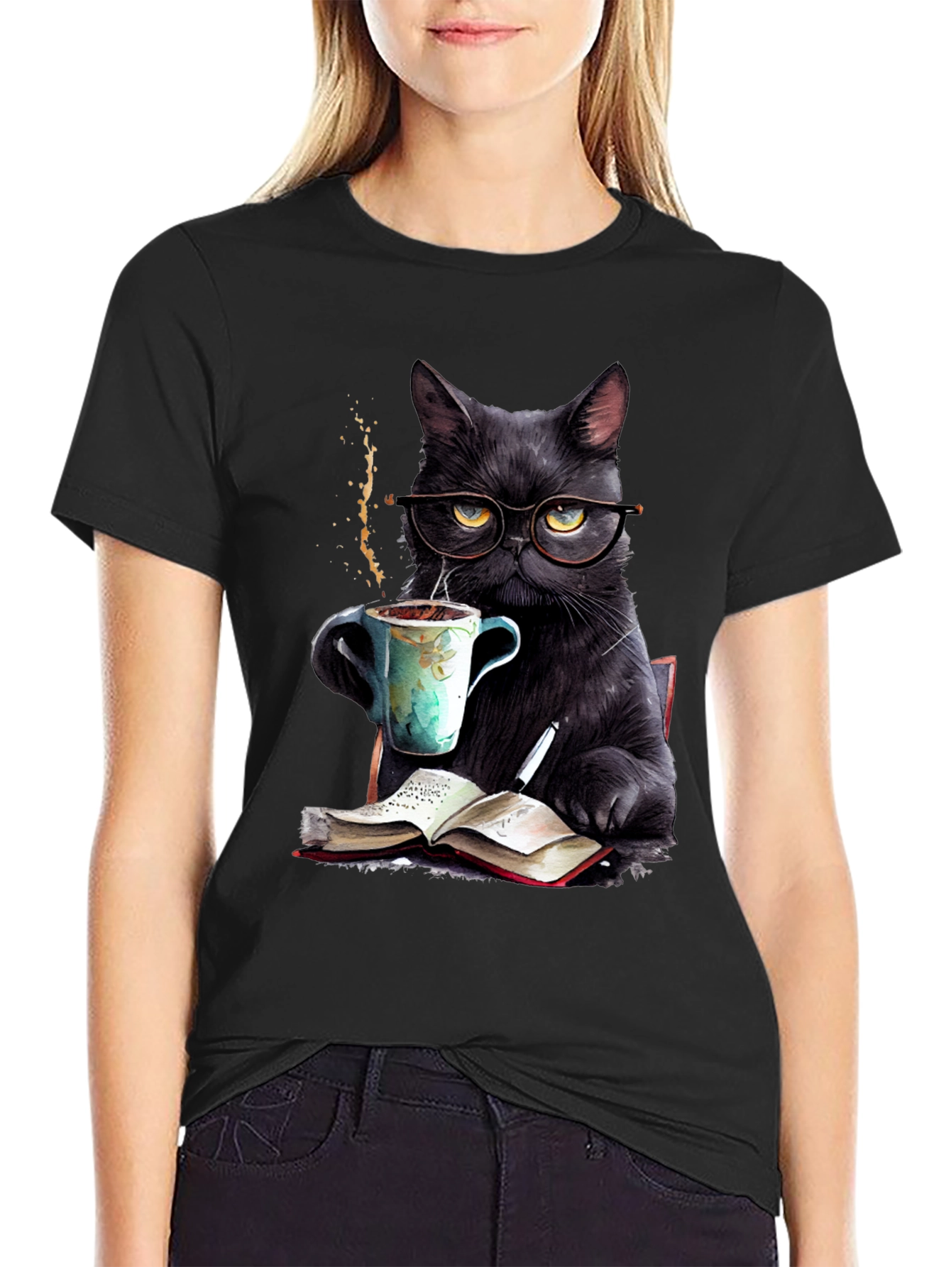 Black Cat Coffee Reader T-Shirt - Book Lover Tee
