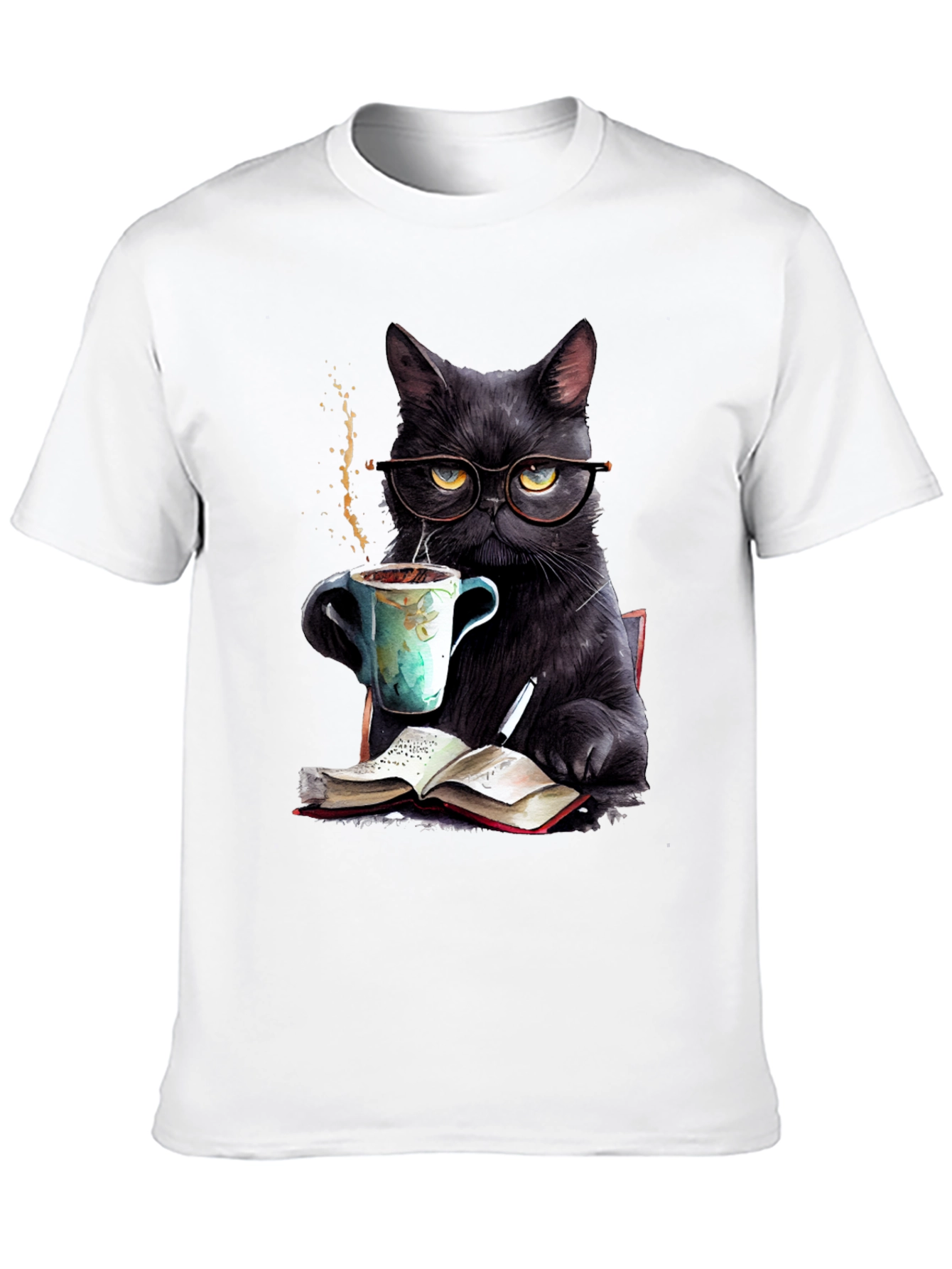 Black Cat Coffee Reader T-Shirt - Book Lover Tee