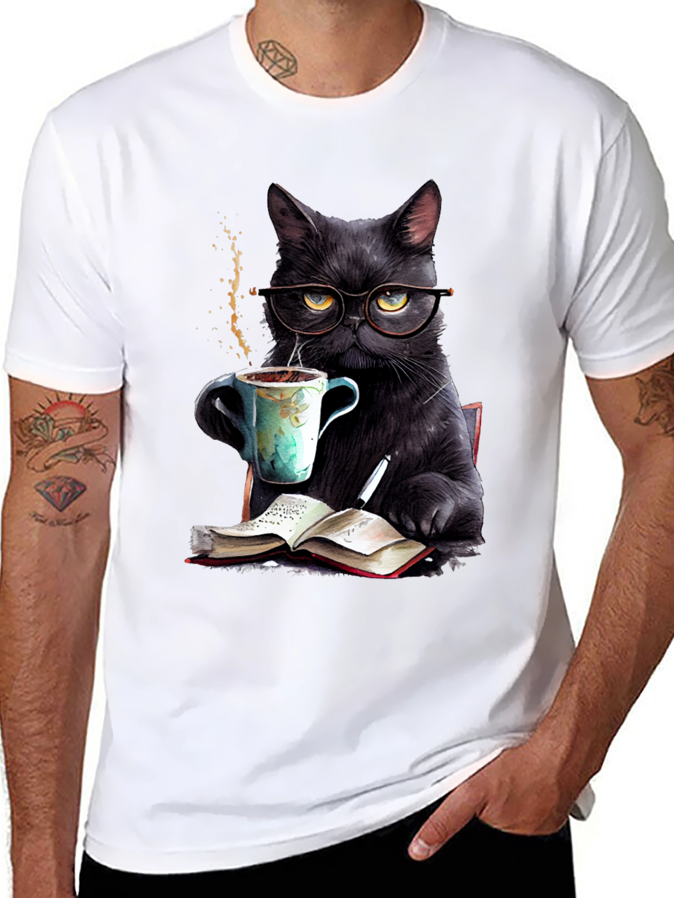 Black Cat Coffee Reader T-Shirt - Book Lover Tee