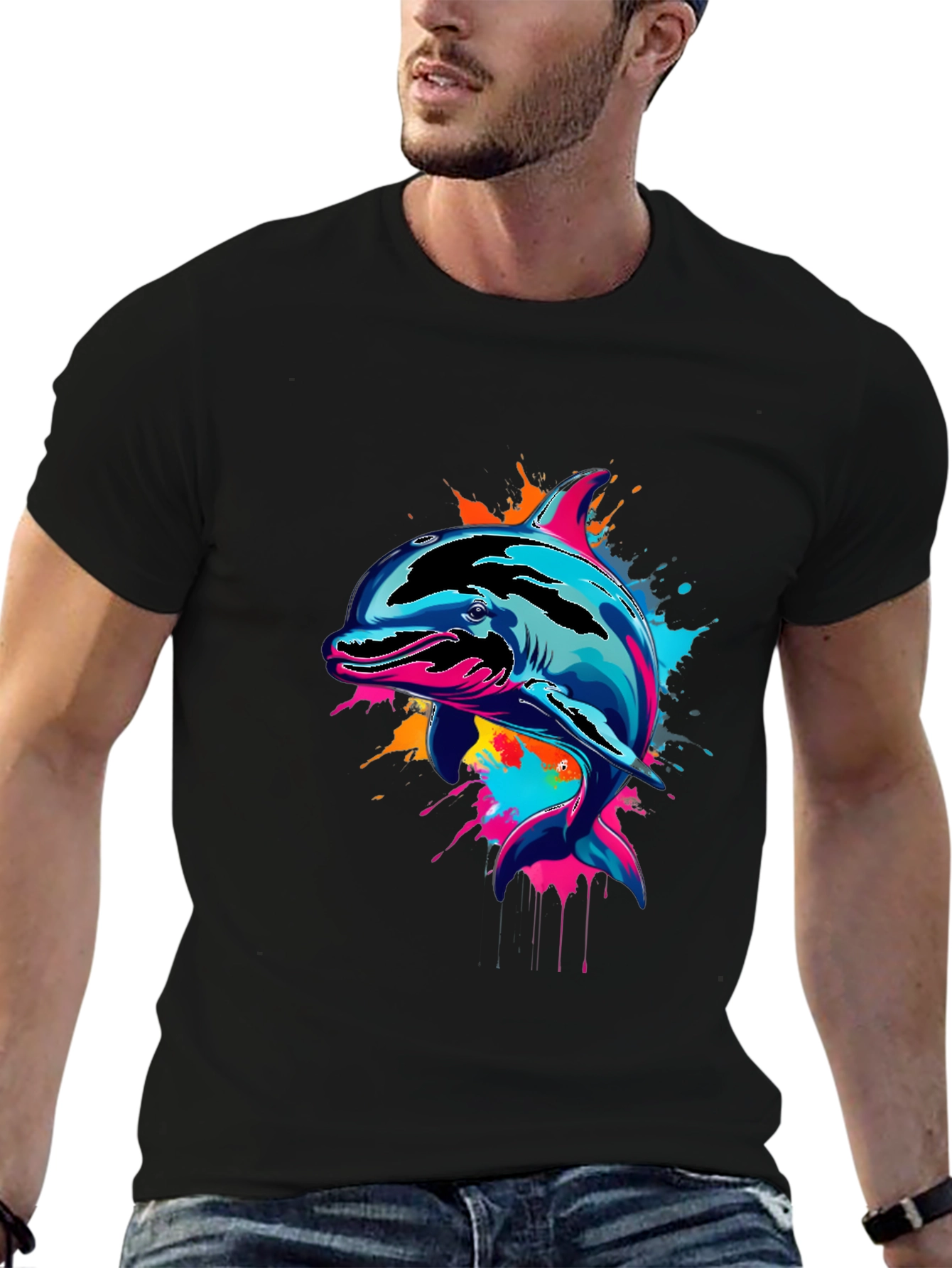 Vibrant Dolphin Graphic Tee - Mens Black T-Shirt