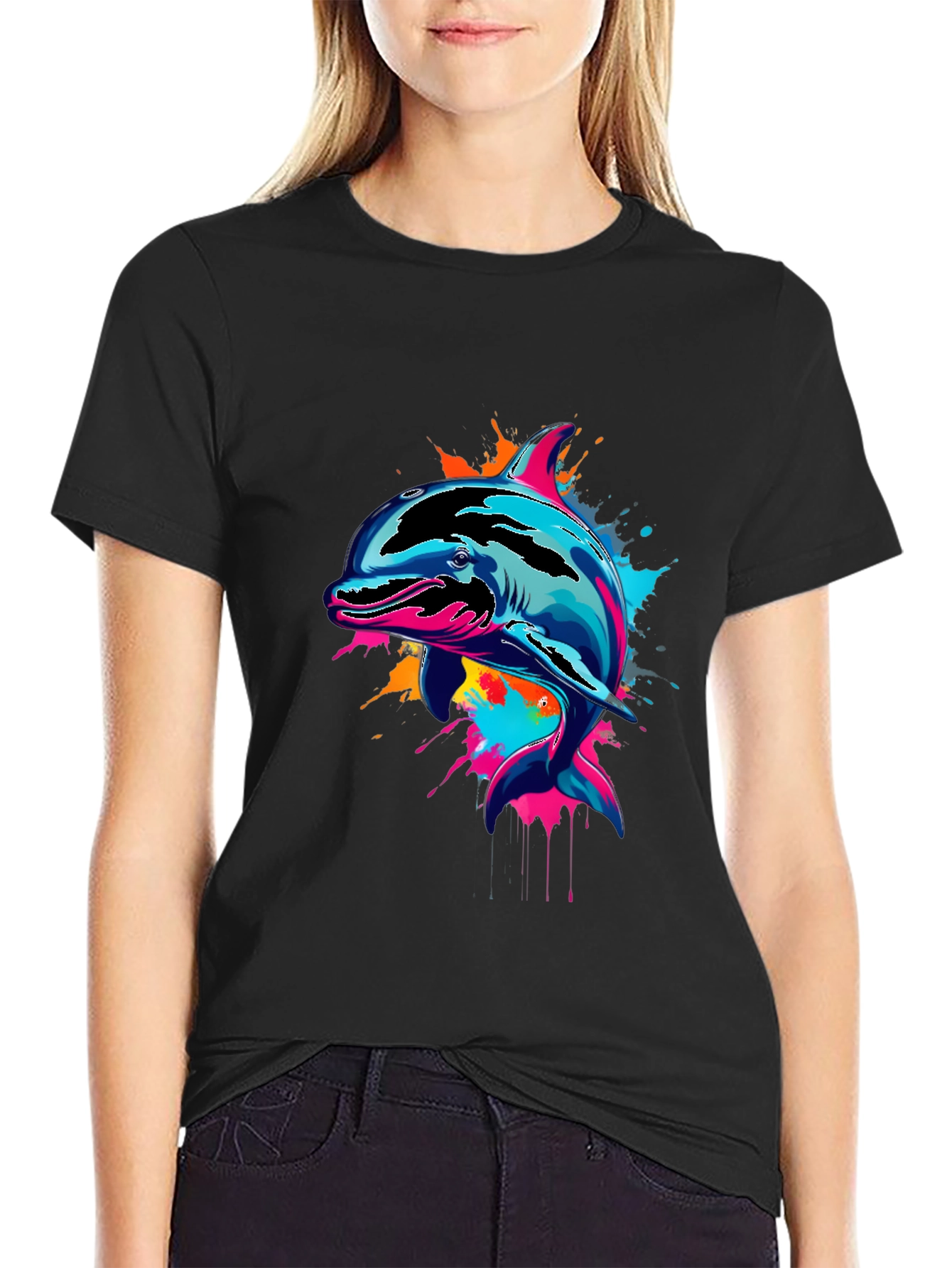 Vibrant Dolphin Graphic Tee - Mens Black T-Shirt