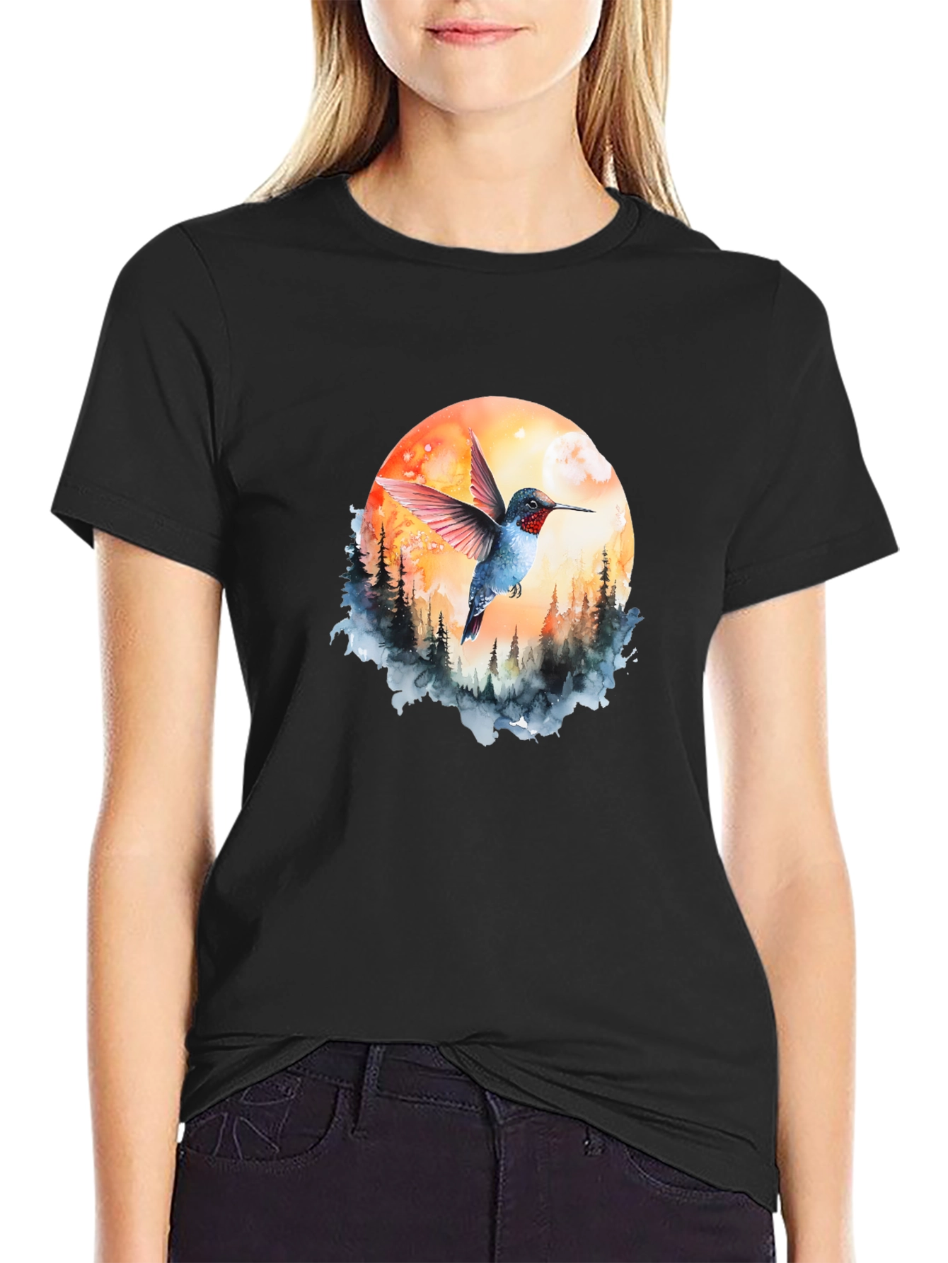 Hummingbird & Moon Graphic Tee - Nature Design