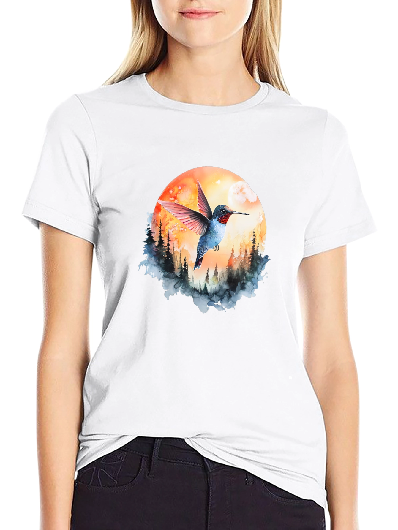 Hummingbird & Moon Graphic Tee - Nature Design