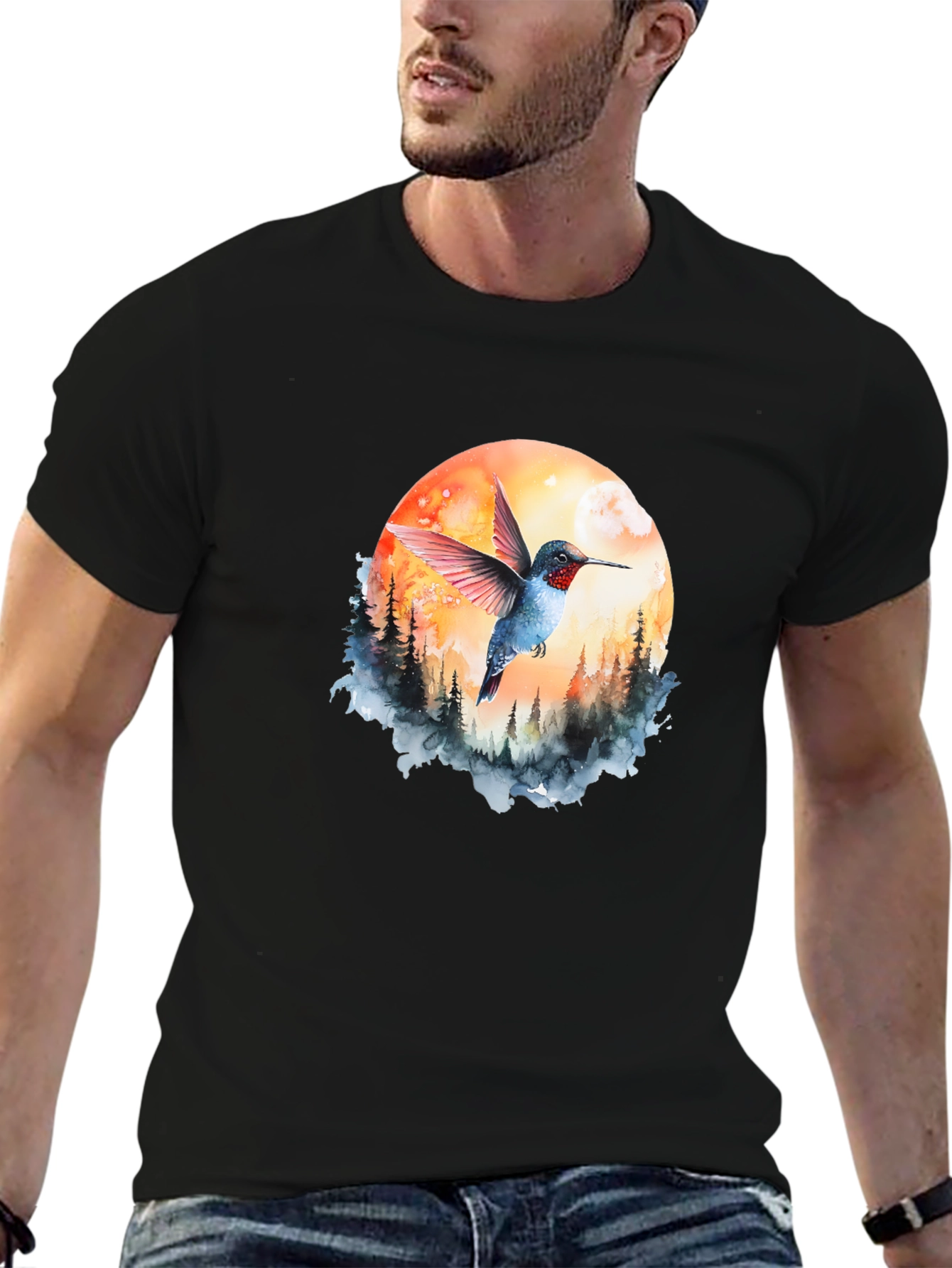 Hummingbird & Moon Graphic Tee - Nature Design