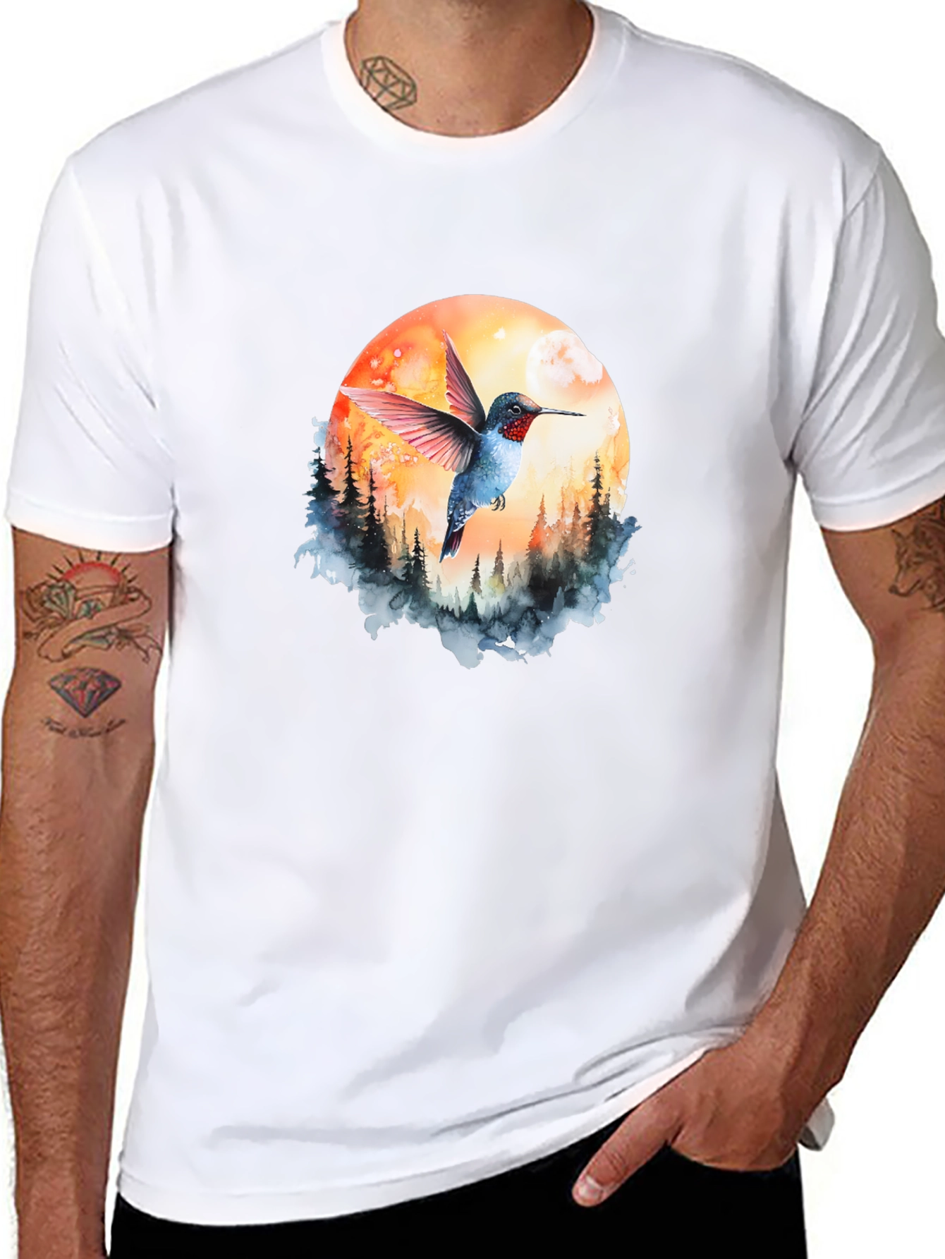 Hummingbird & Moon Graphic Tee - Nature Design