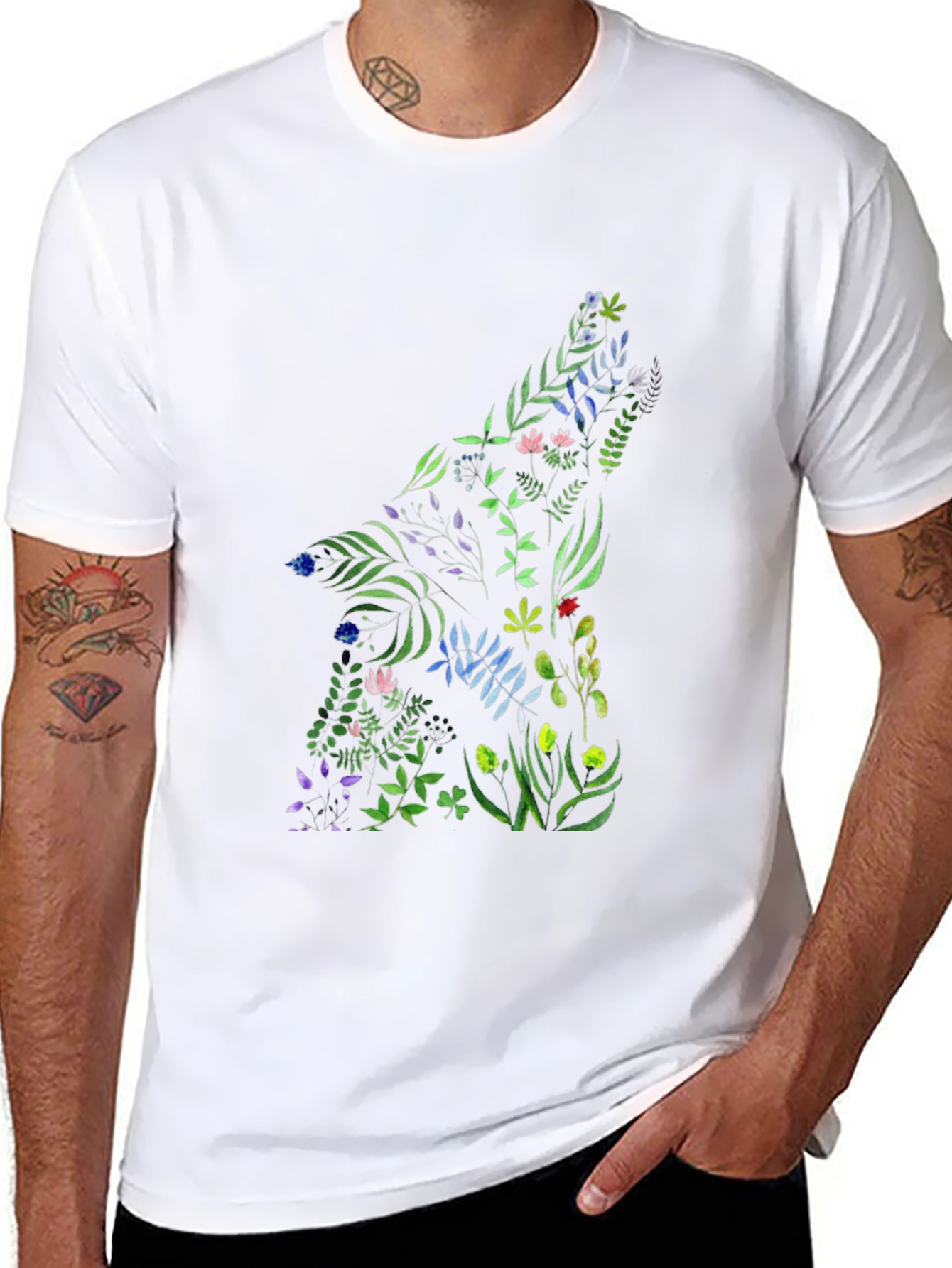 Floral Wolf Graphic Black T-Shirt
