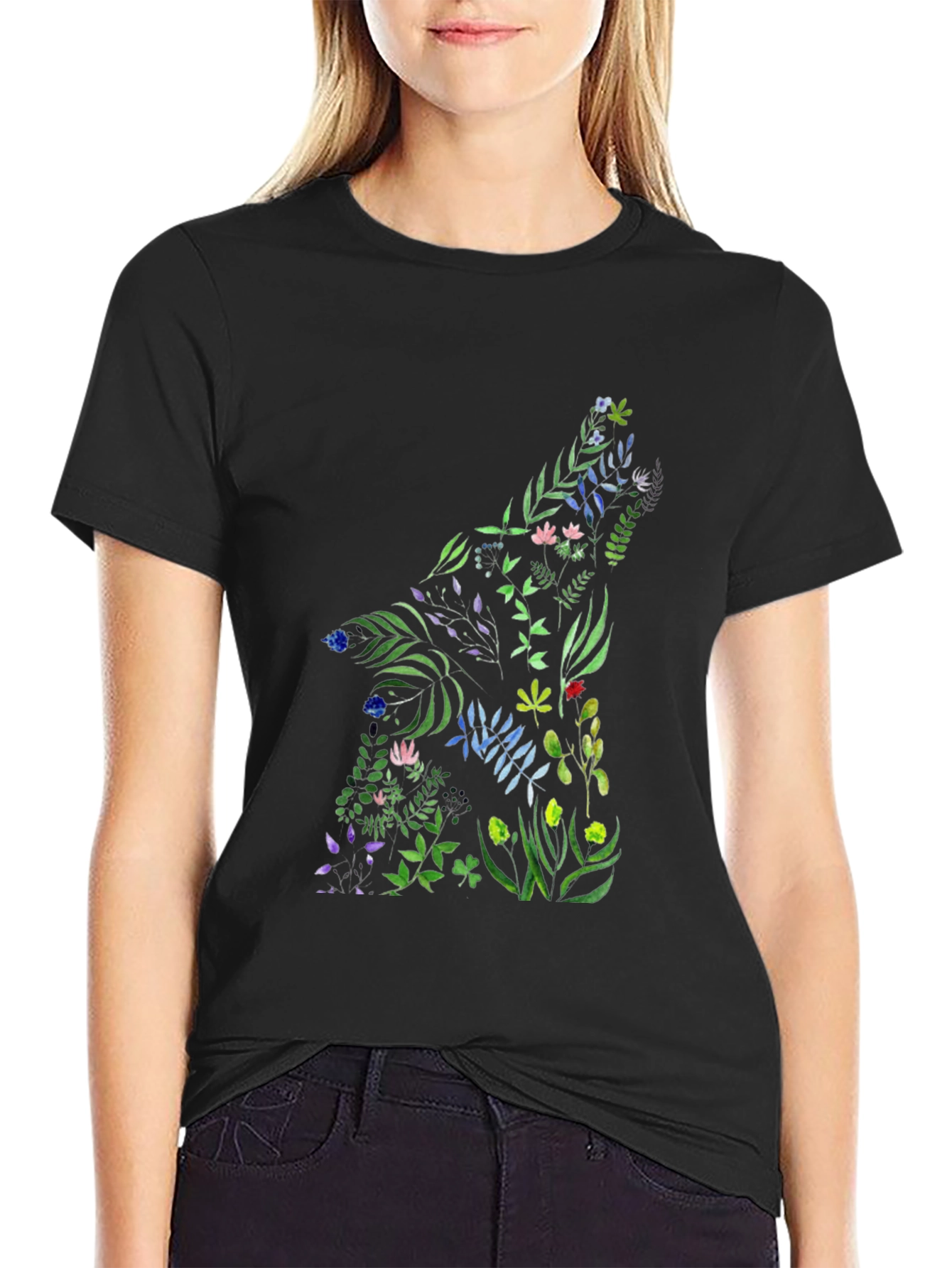 Floral Wolf Graphic Black T-Shirt