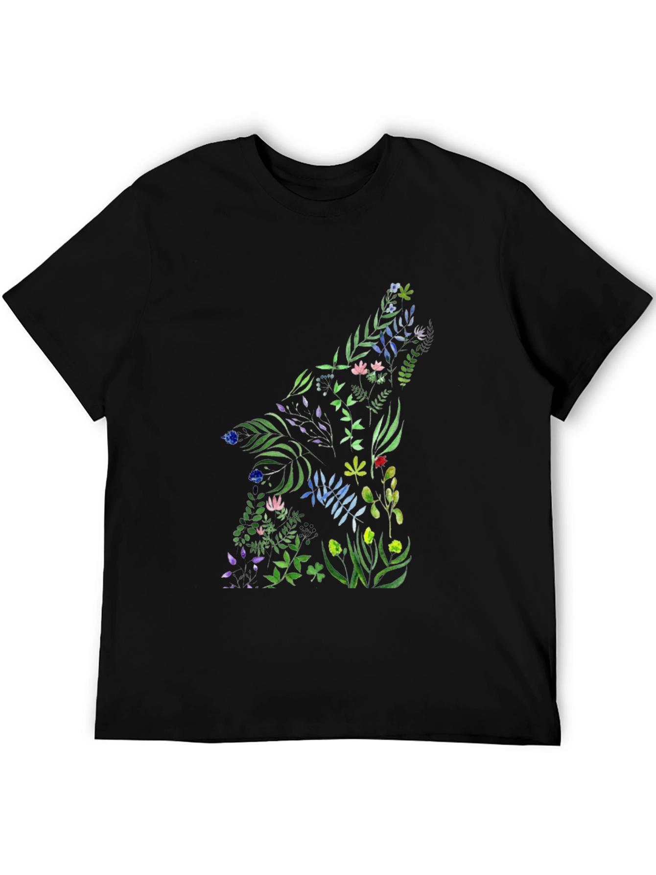 Floral Wolf Graphic Black T-Shirt