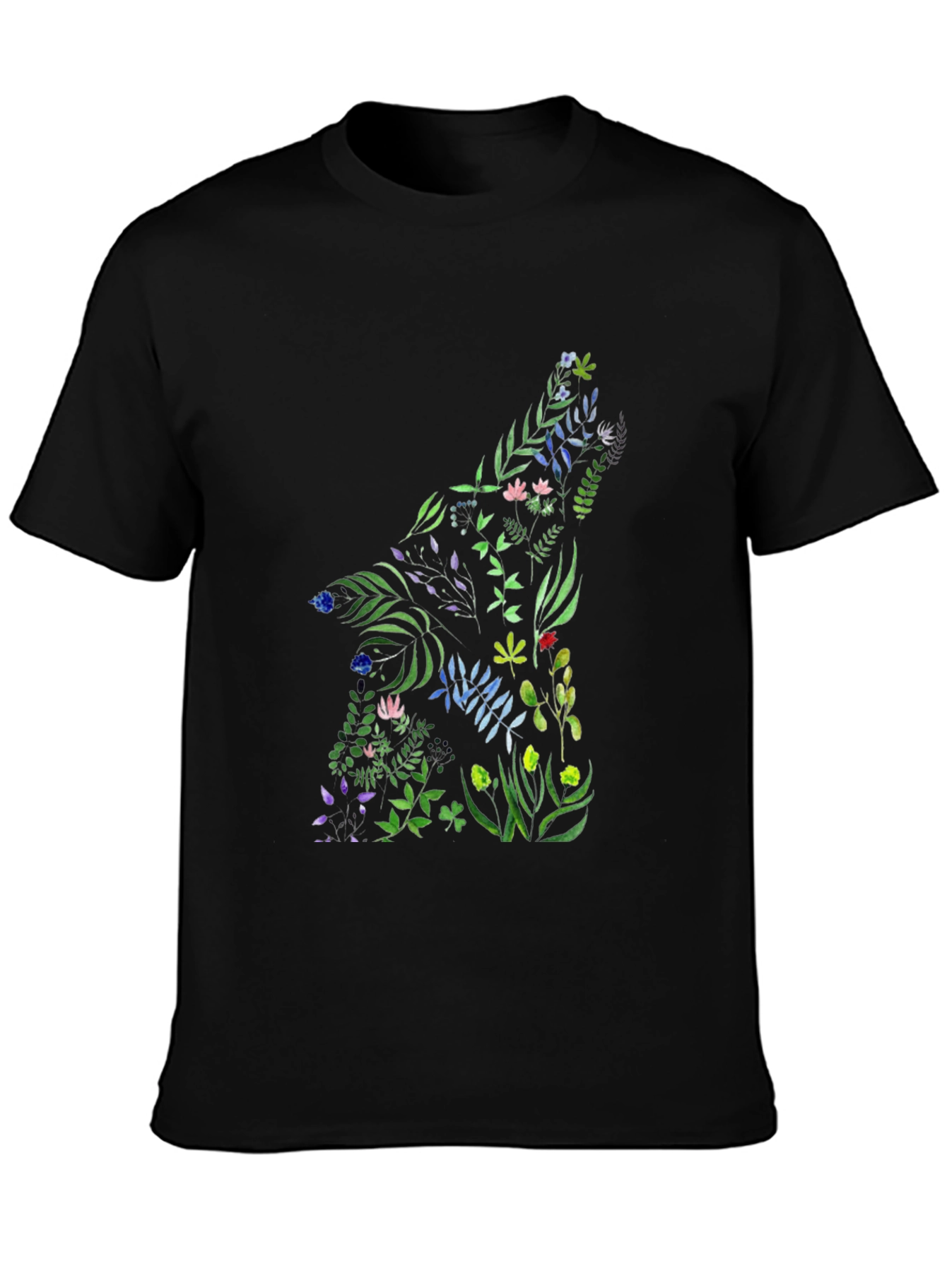 Floral Wolf Graphic Black T-Shirt
