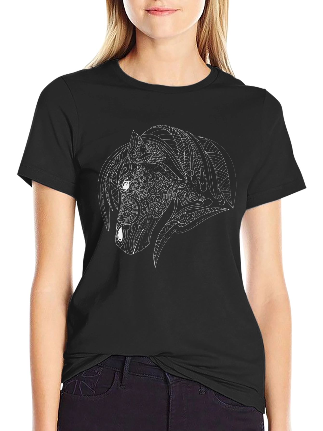Black T-Shirt with White Horse Design