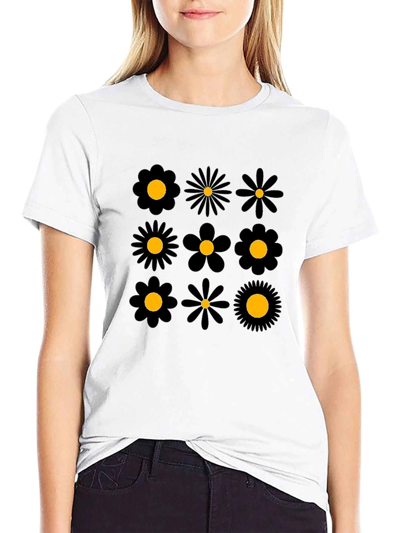Floral Pattern Black Crew Neck T-Shirt