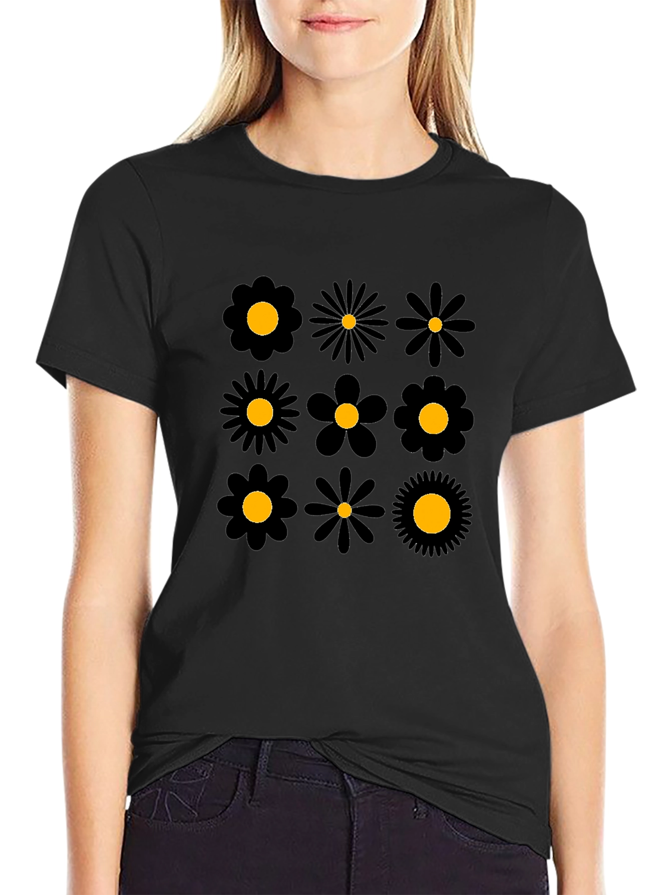 Floral Pattern Black Crew Neck T-Shirt
