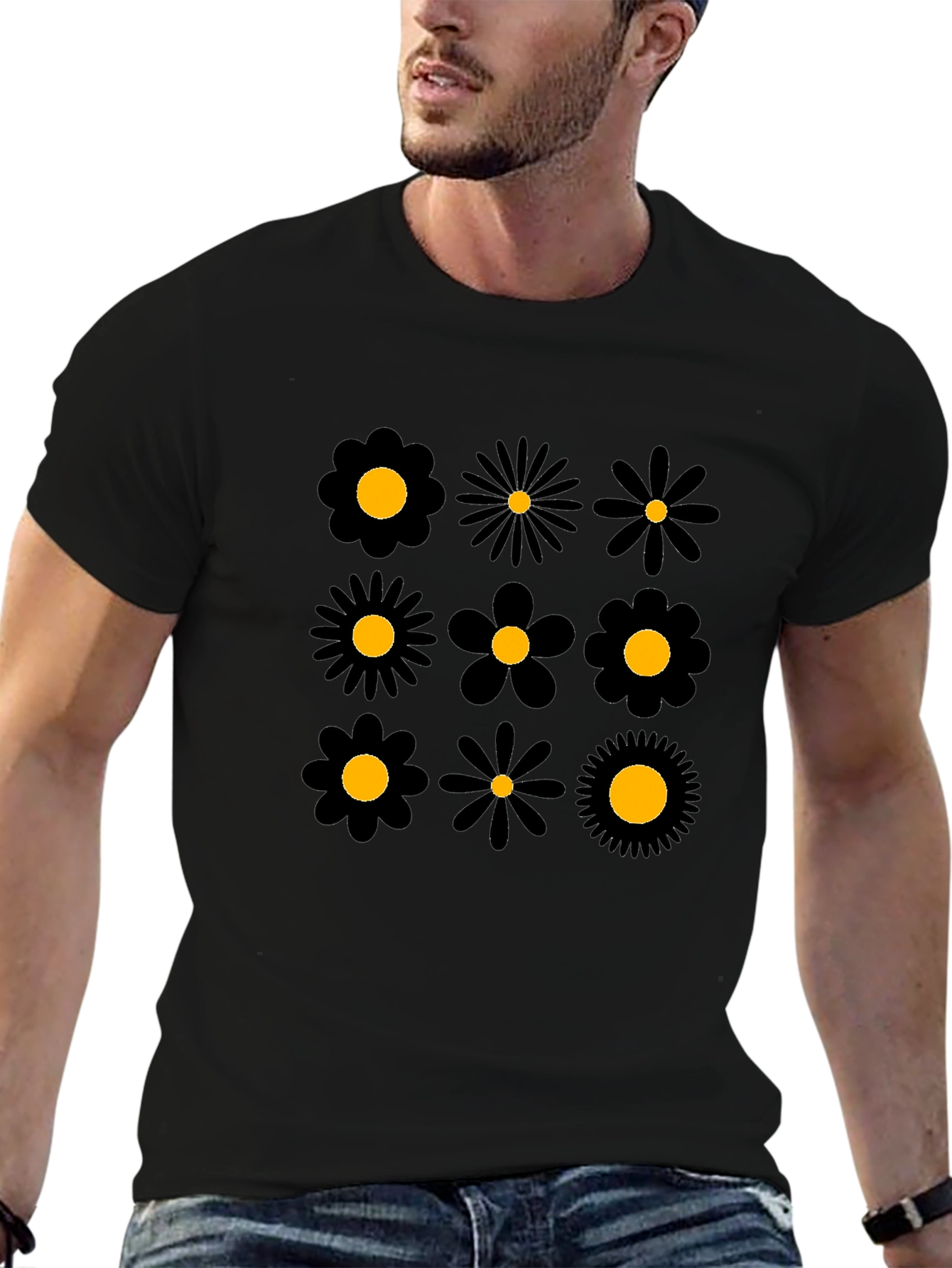 Floral Pattern Black Crew Neck T-Shirt