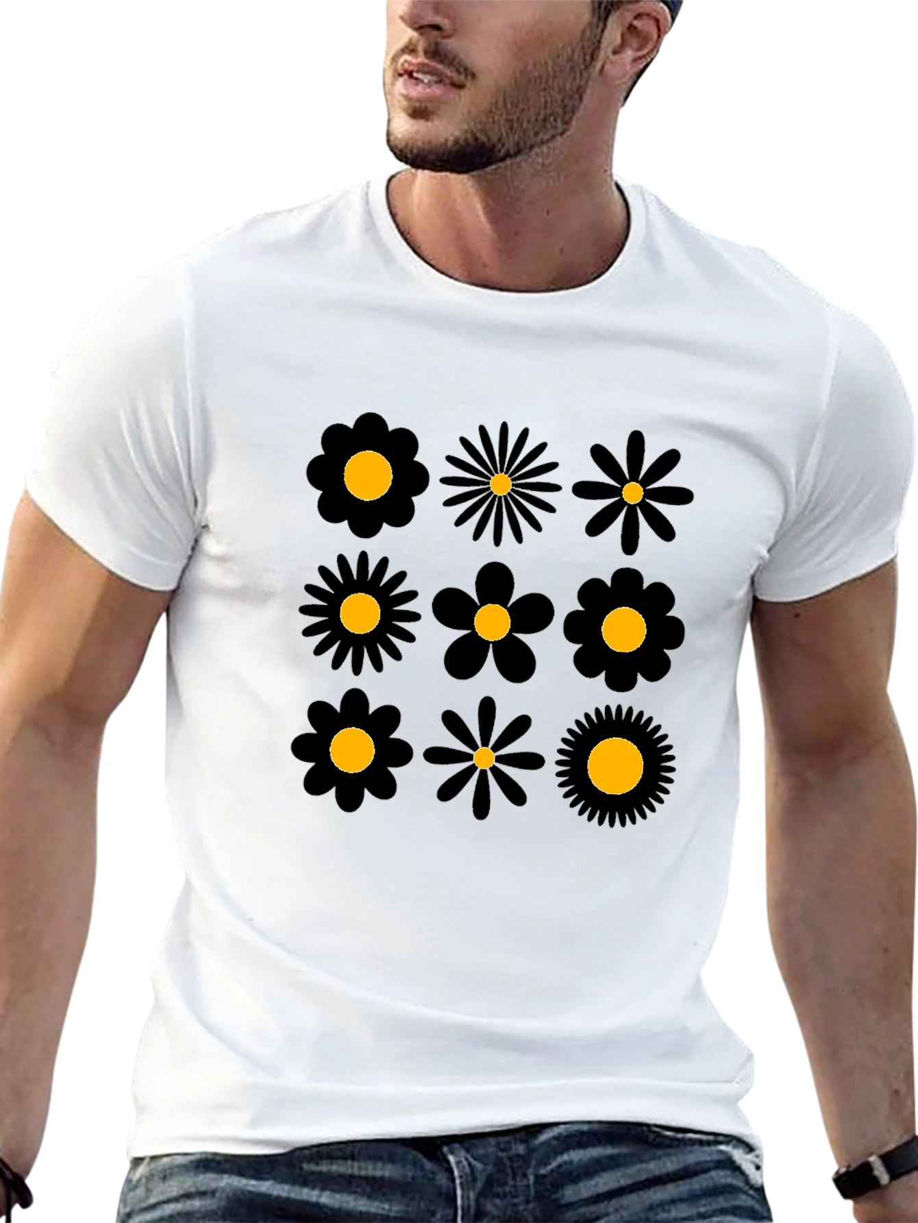 Floral Pattern Black Crew Neck T-Shirt