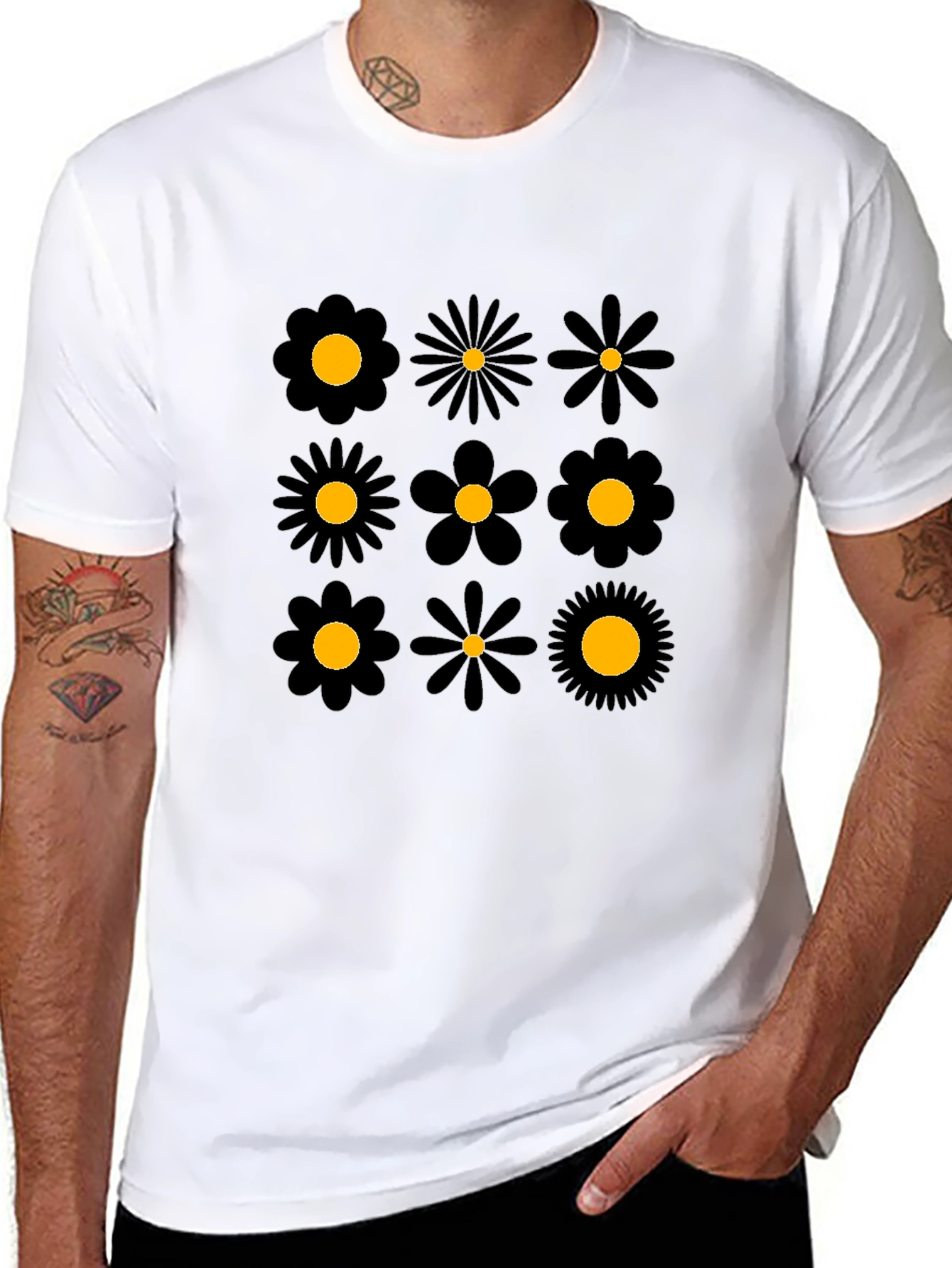 Floral Pattern Black Crew Neck T-Shirt