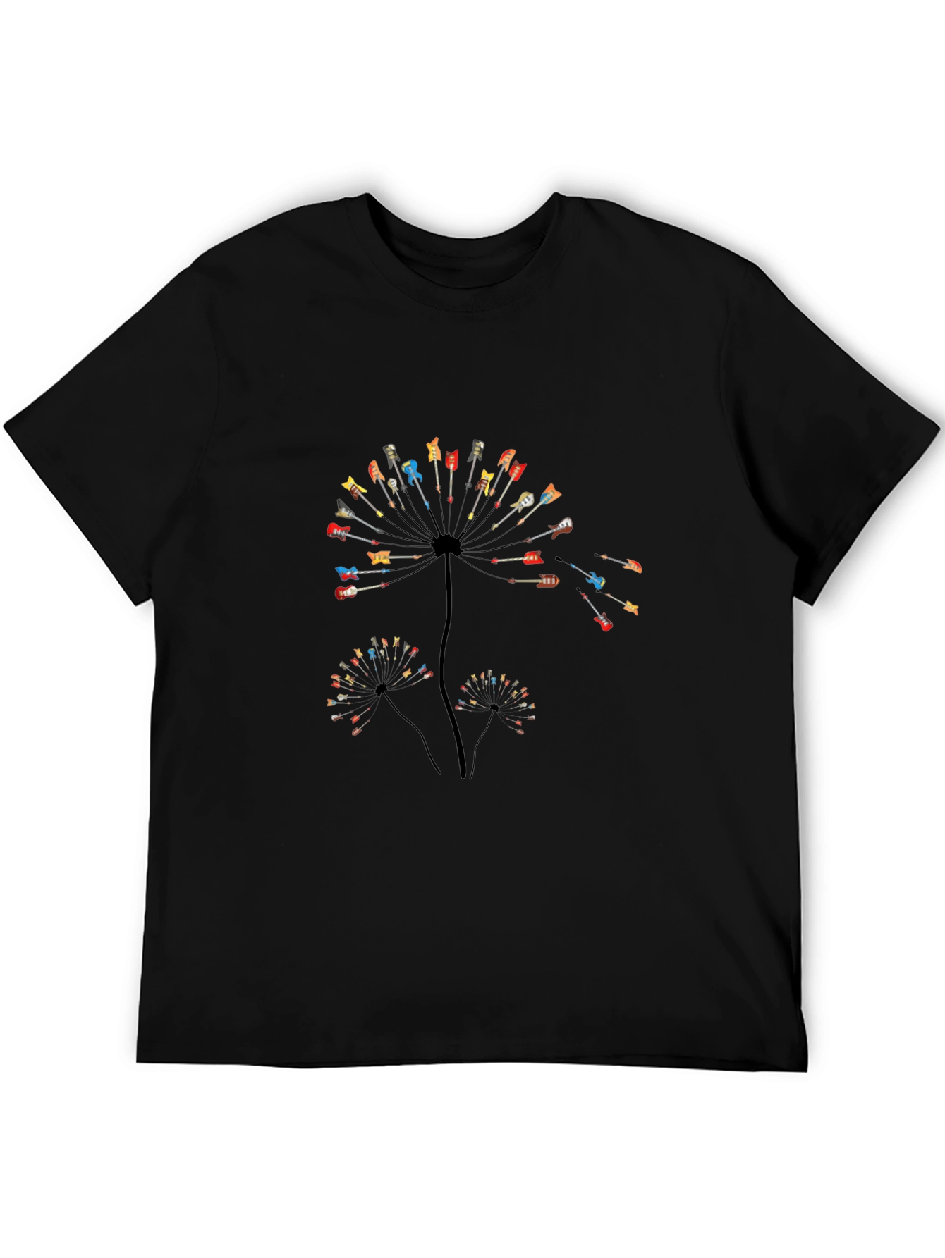 Guitar Dandelion Graphic Tee - Black Cotton Casual Shirt