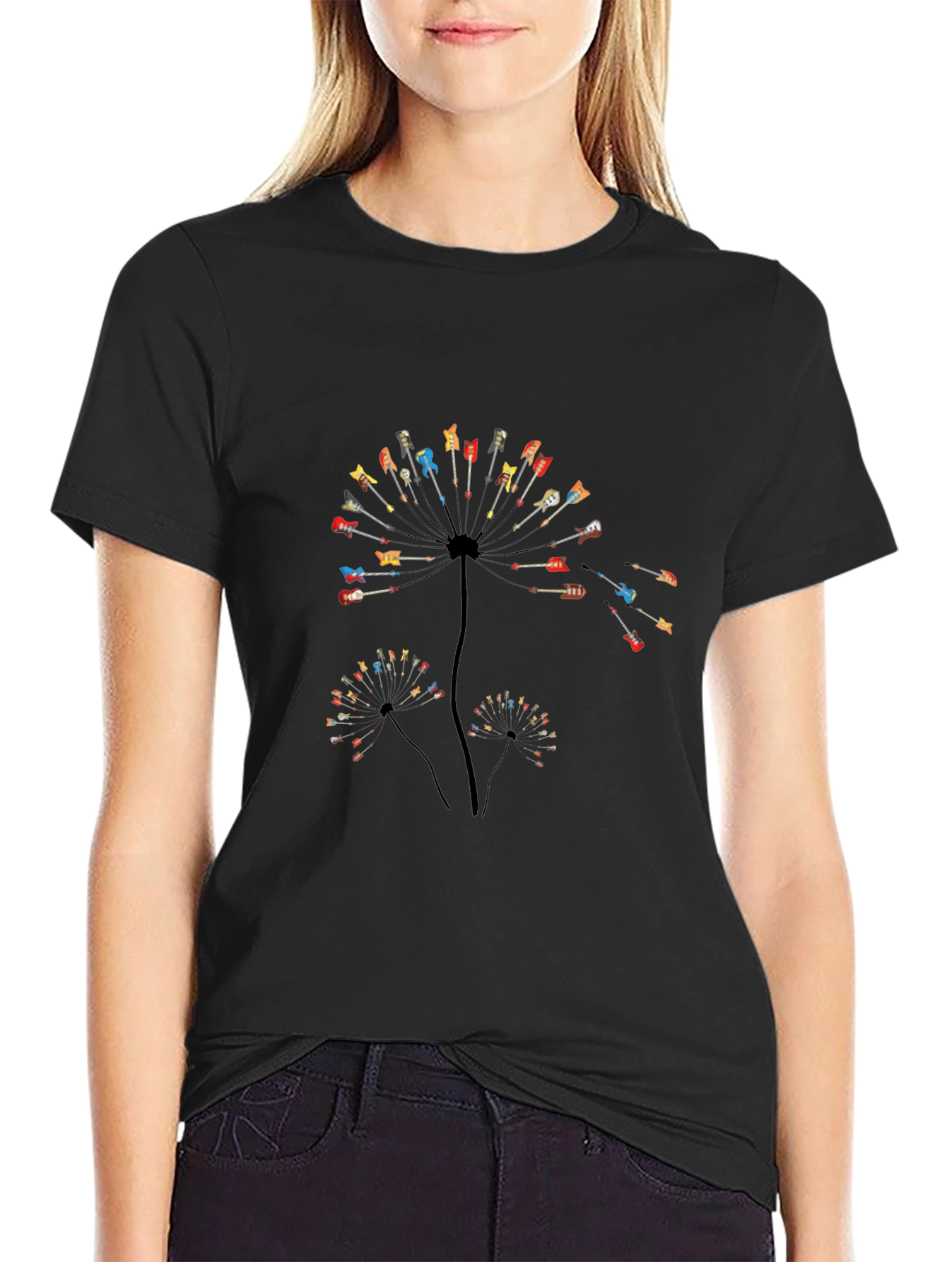 Guitar Dandelion Graphic Tee - Black Cotton Casual Shirt