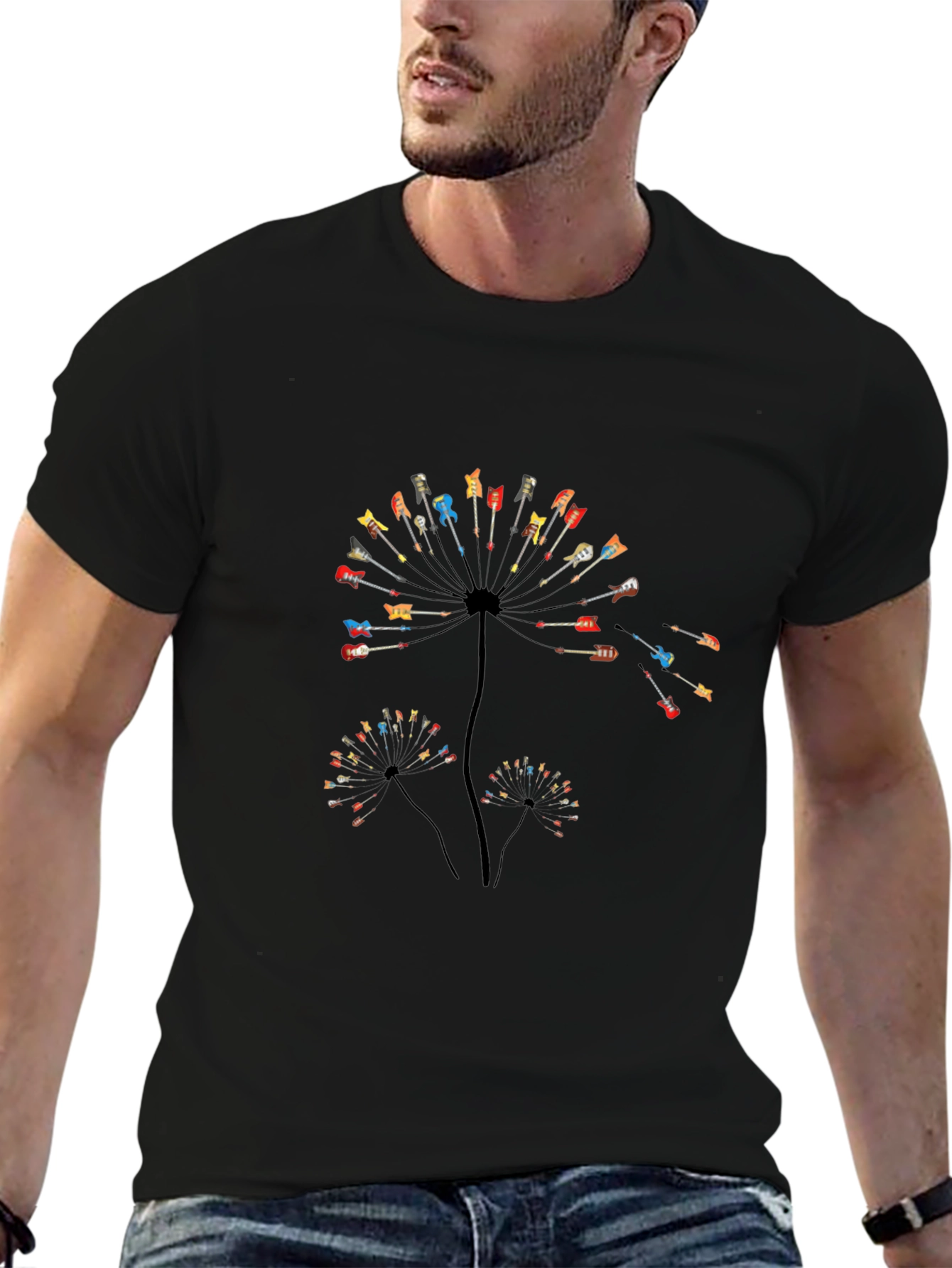 Guitar Dandelion Graphic Tee - Black Cotton Casual Shirt