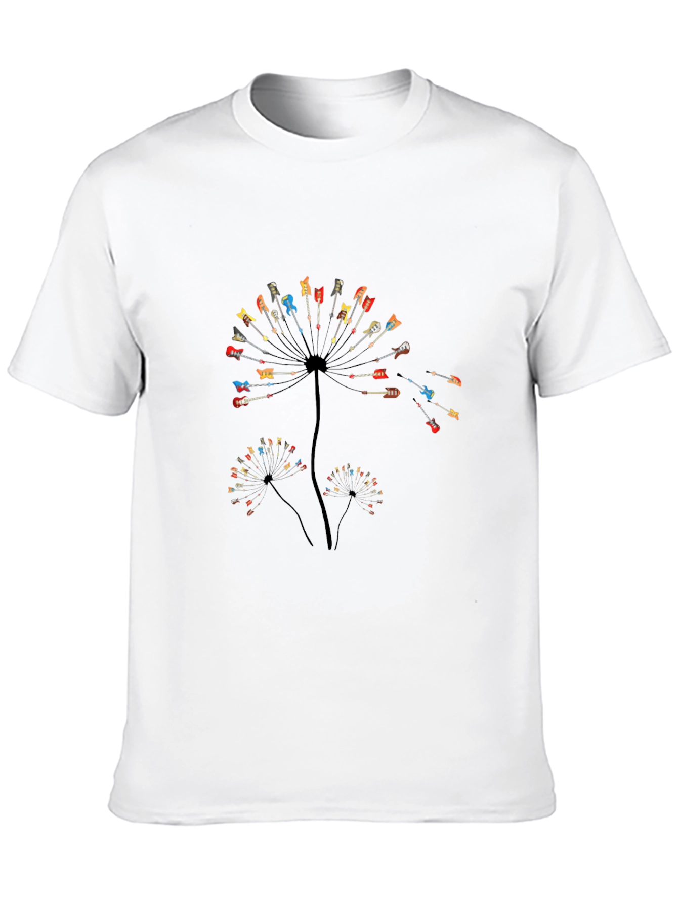 Guitar Dandelion Graphic Tee - Black Cotton Casual Shirt