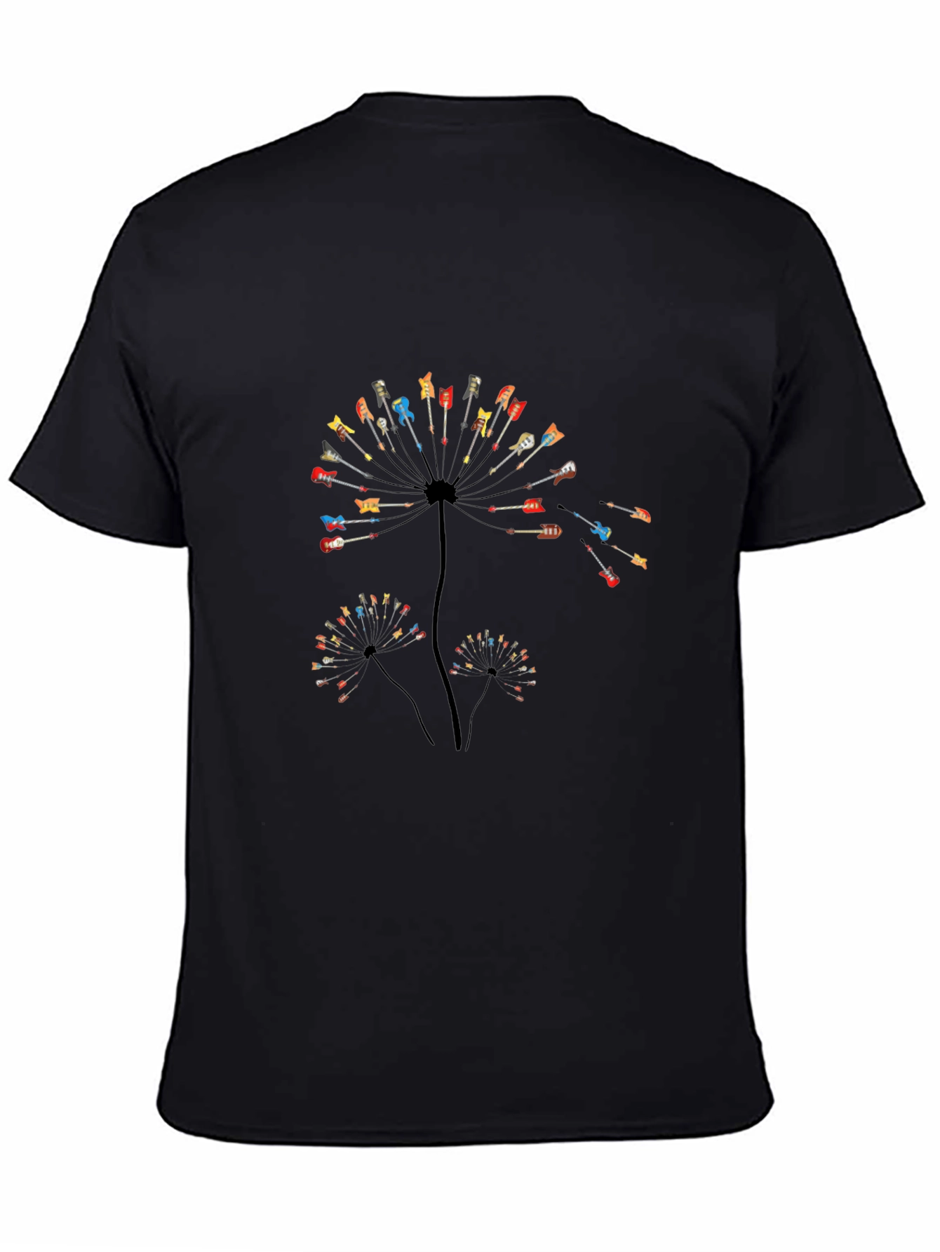 Guitar Dandelion Graphic Tee - Black Cotton Casual Shirt