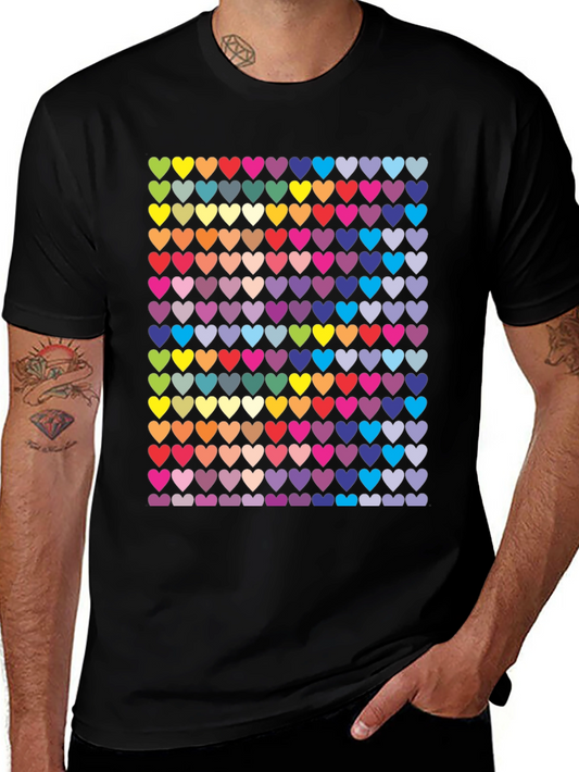 Colorful Hearts Pattern Black T-Shirt