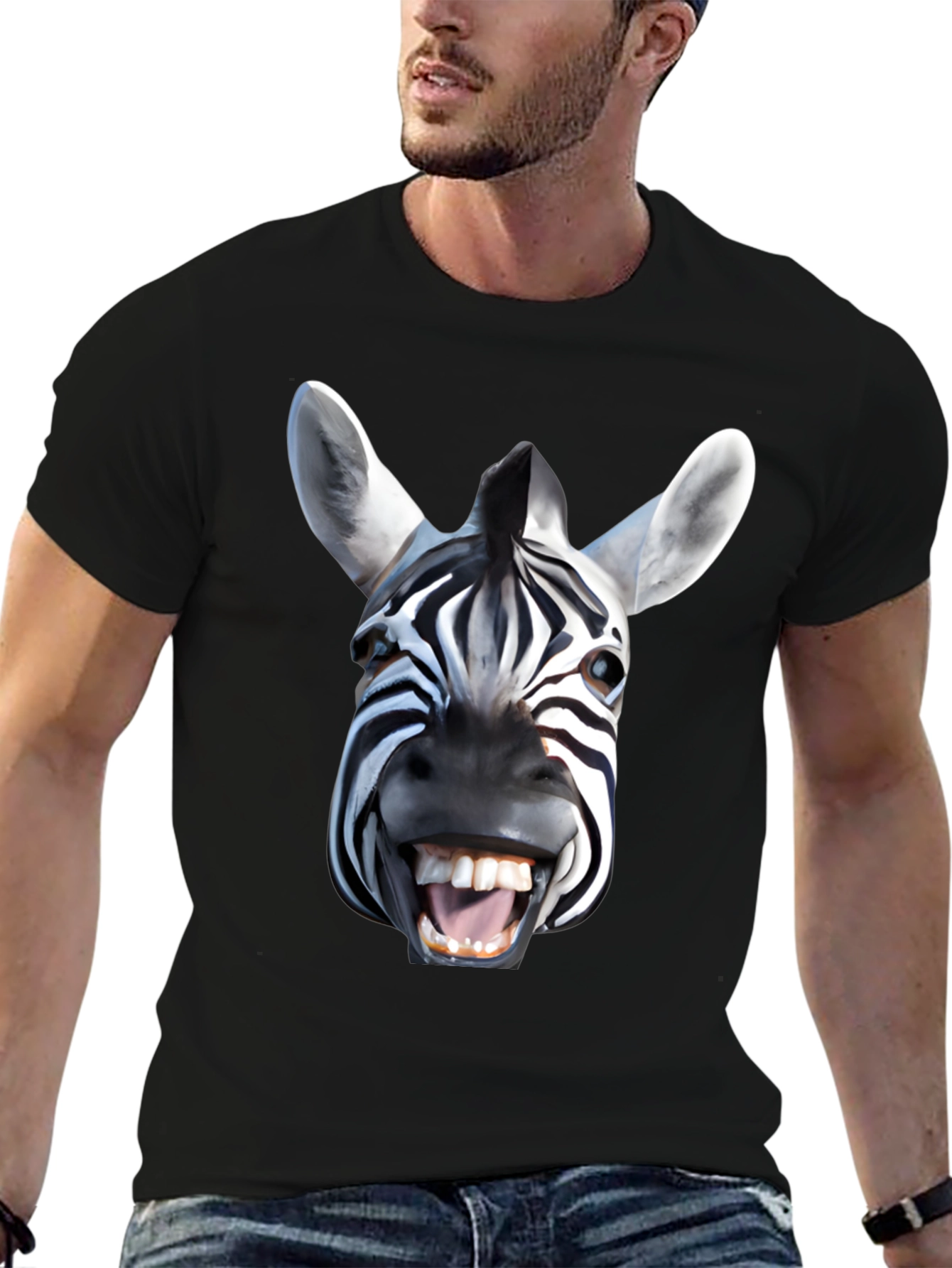 Funny Zebra Face Graphic Print Black T-Shirt