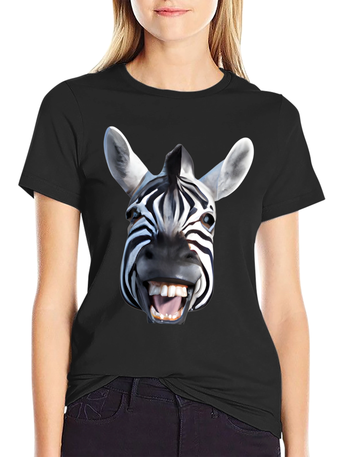 Funny Zebra Face Graphic Print Black T-Shirt
