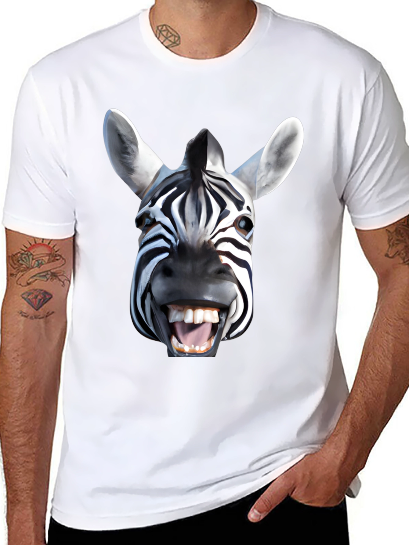 Funny Zebra Face Graphic Print Black T-Shirt