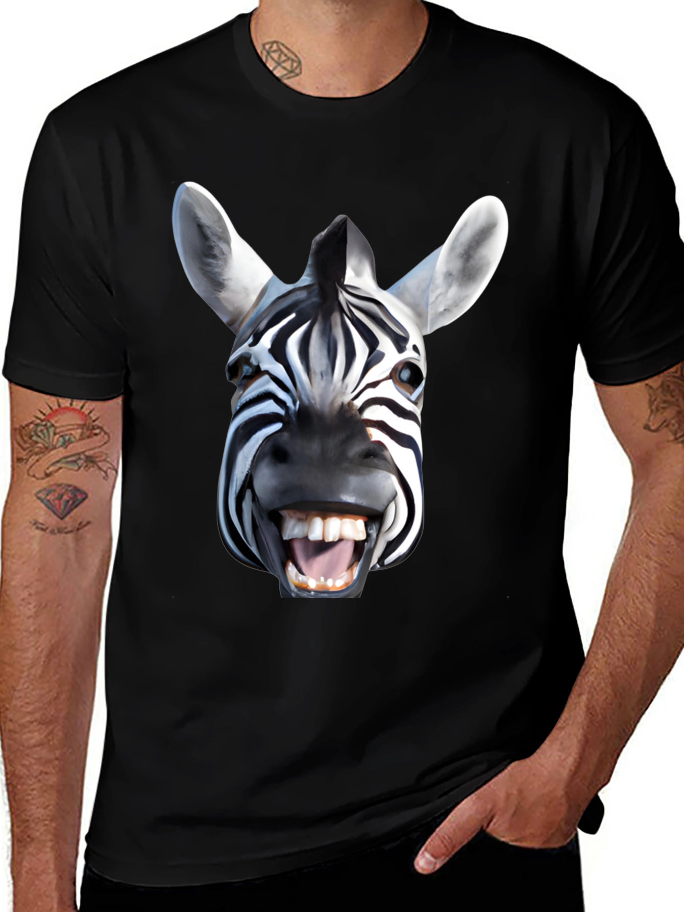 Funny Zebra Face Graphic Print Black T-Shirt
