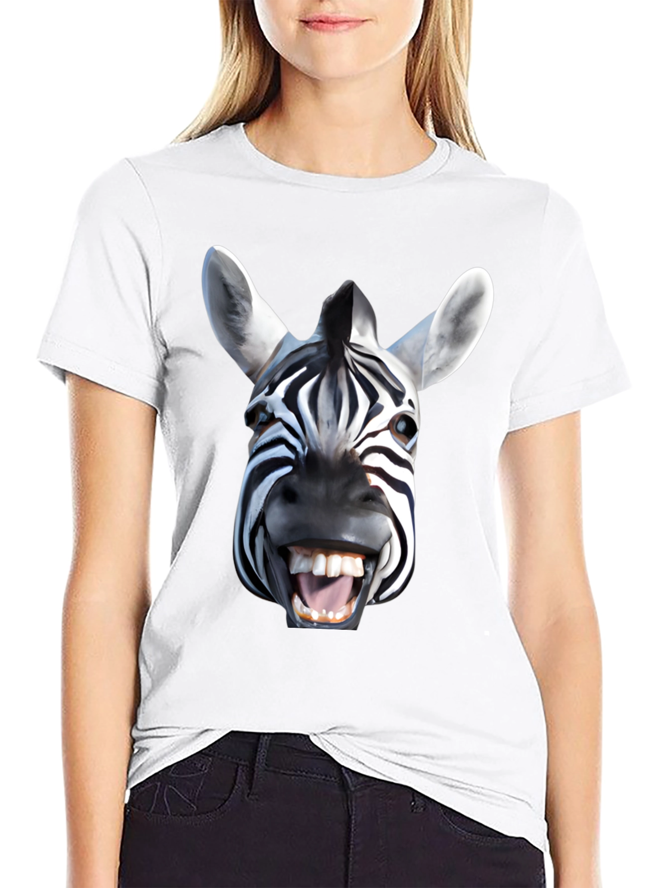 Funny Zebra Face Graphic Print Black T-Shirt