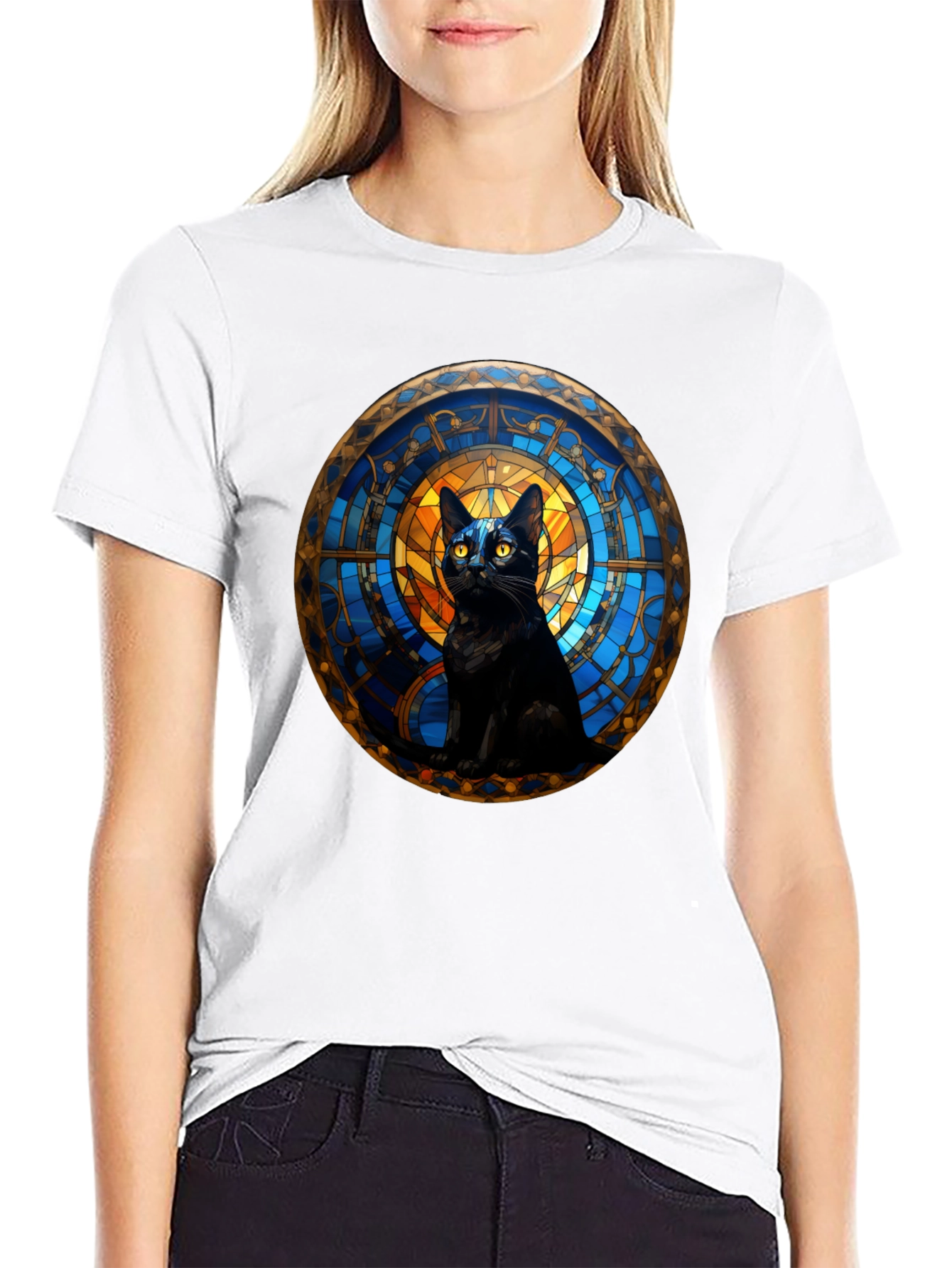 Black Cat Stained Glass Art Graphic T-Shirt