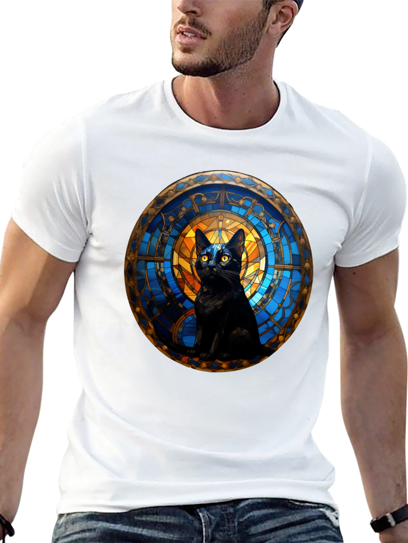 Black Cat Stained Glass Art Graphic T-Shirt