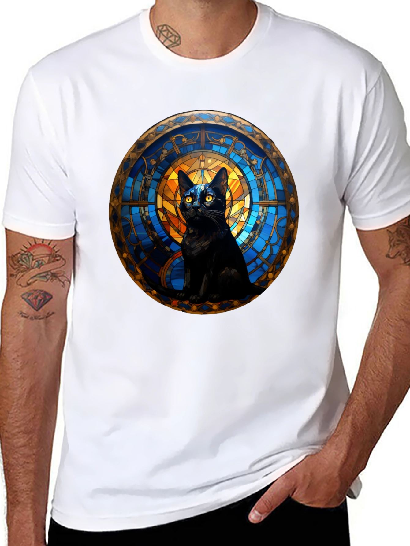 Black Cat Stained Glass Art Graphic T-Shirt