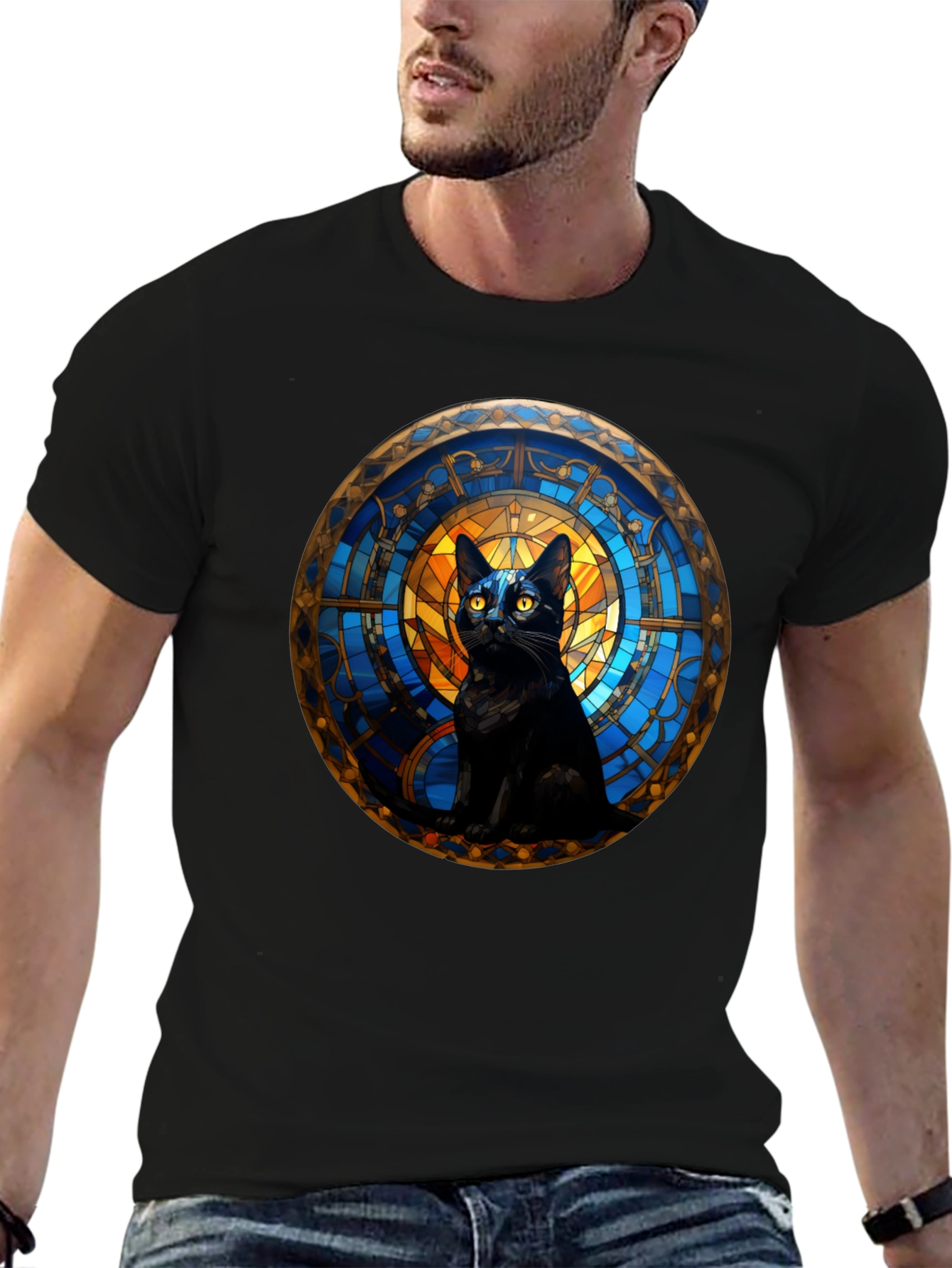 Black Cat Stained Glass Art Graphic T-Shirt