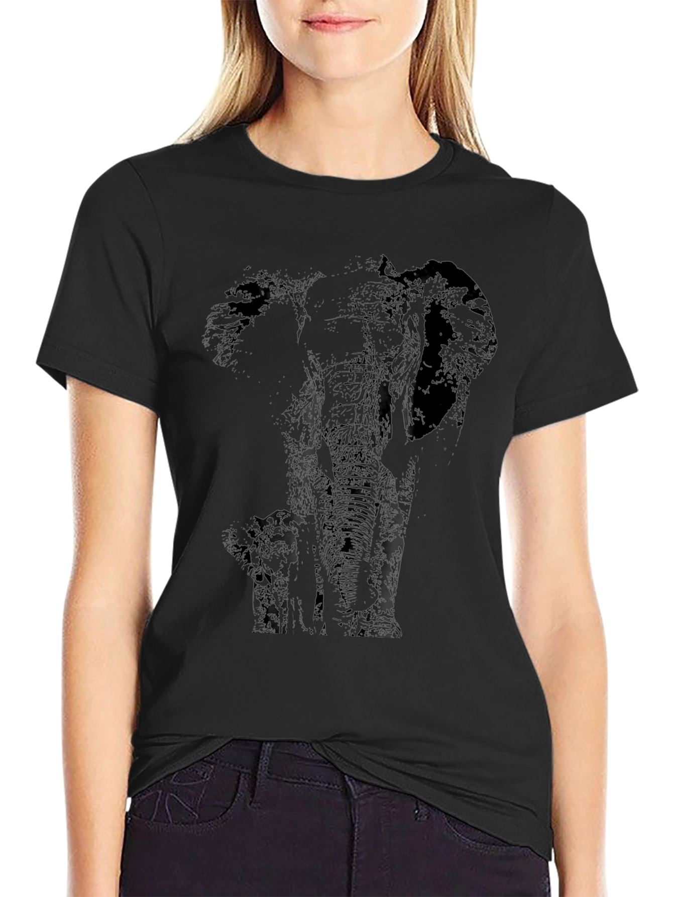 Elephant Silhouette Print Black T-Shirt